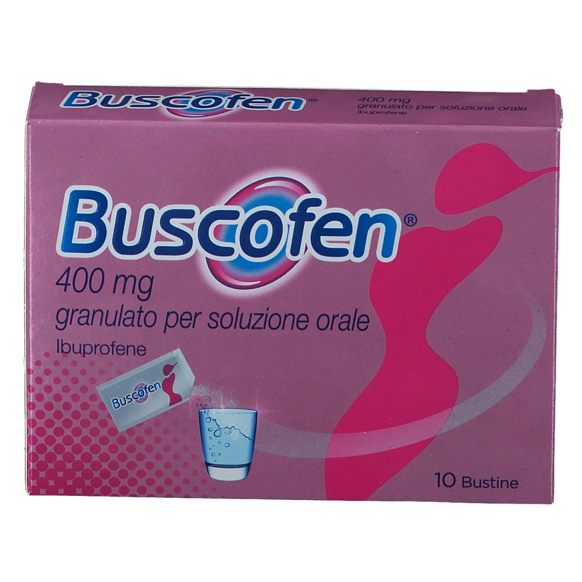 Scatola di Buscofen®, 400 mg, granulato per soluzione orale. Scatola rosa con figura femminile e 10 bustine.