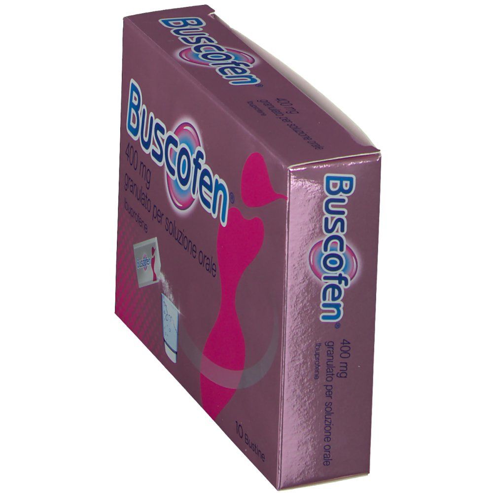 Scatola di Buscofen®, 400 mg, granulato per soluzione orale. Scatola rosa, in prospettiva. Nome e dosaggio visibili.