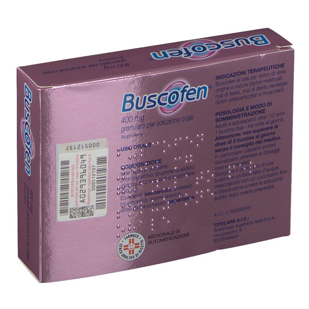 Scatola di Buscofen®, 400 mg, granulato per soluzione orale. Retro della scatola con testo. Prodotto medico.