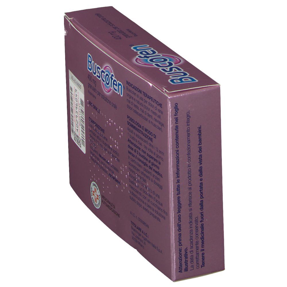 Scatola di Buscofen®, 400 mg, granulato per soluzione orale. Scatola in prospettiva. Testo sul retro.