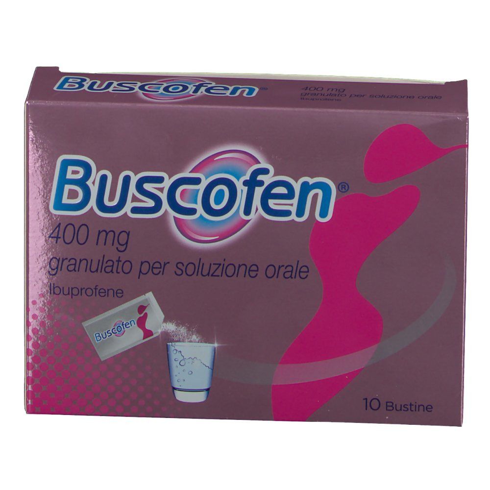 Scatola di Buscofen®, 400 mg, granulato per soluzione orale. Scatola rosa con figura femminile e 10 bustine.
