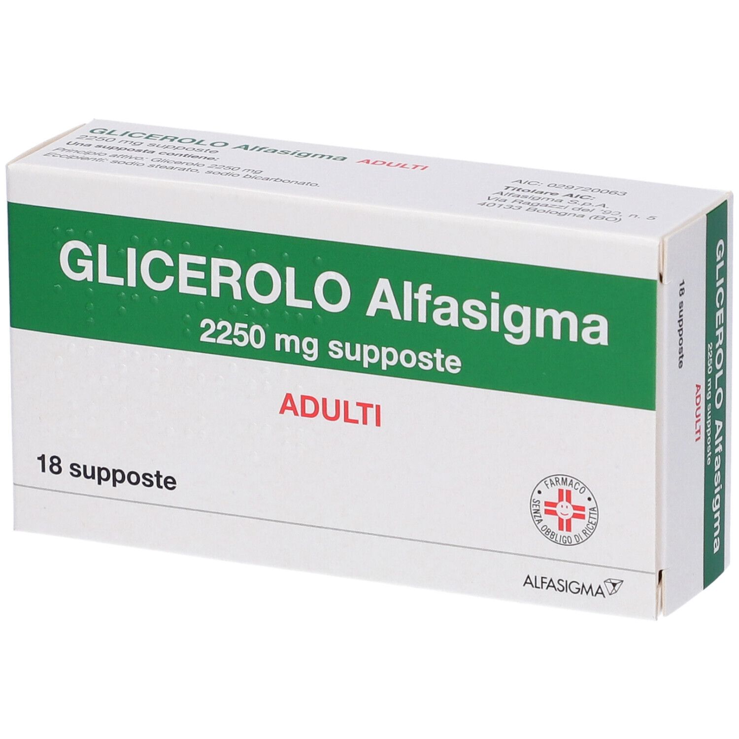 Scatola di GLICEROLO Alfasigma, 2250 mg supposte, ADULTI. Contiene 18 supposte. Bianca con scritte verdi e logo.