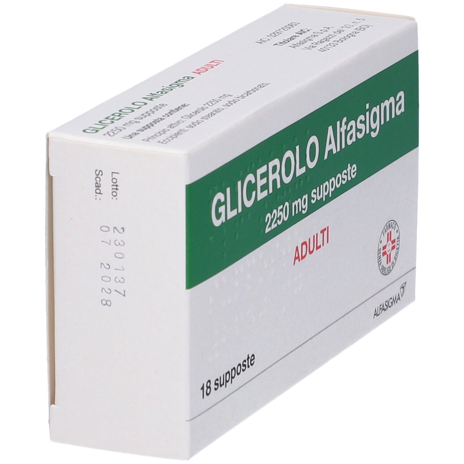 Scatola GLICEROLO Alfasigma, 2250 mg supposte, ADULTI. 18 supposte. Scatola bianca, scritte verdi e logo, vista obliqua.