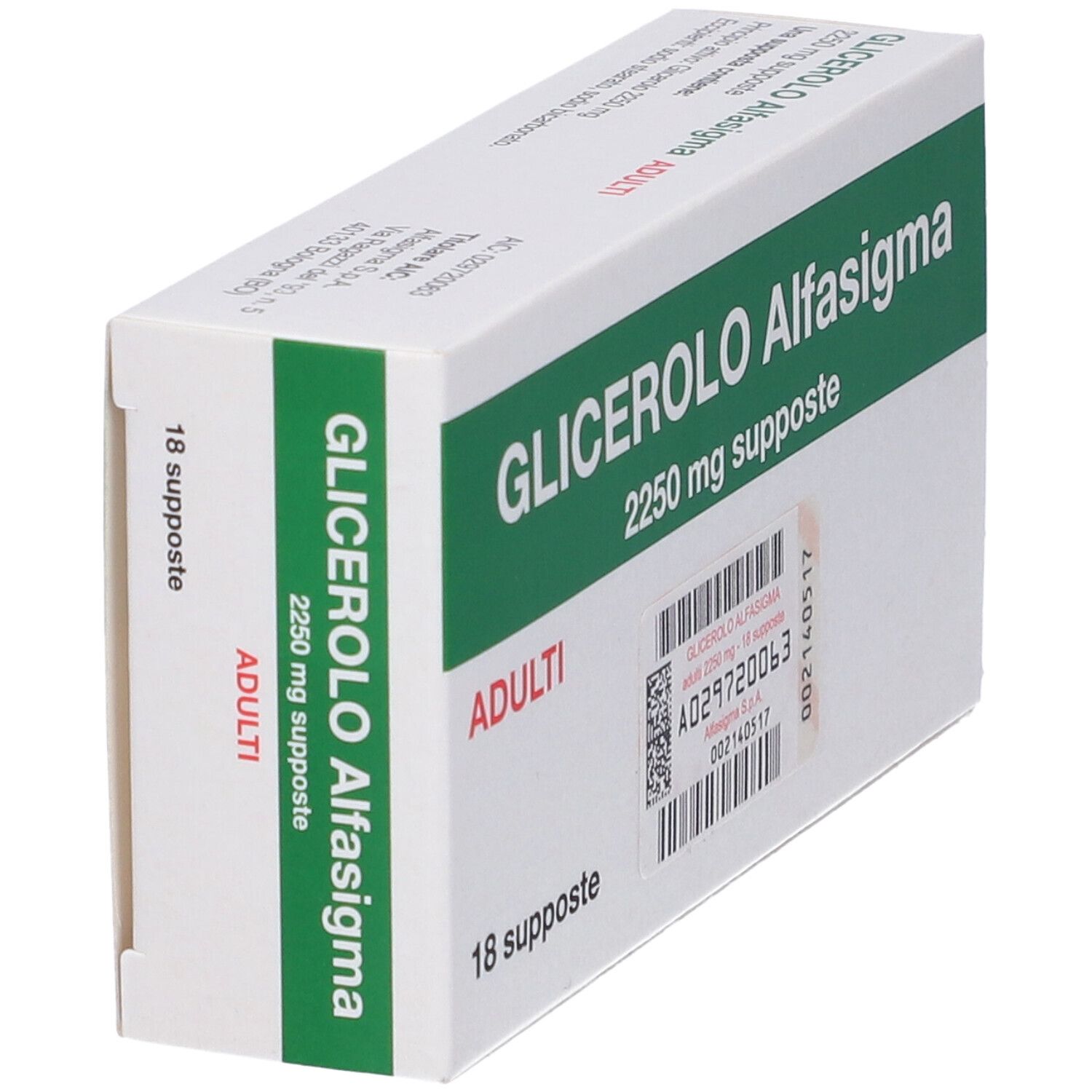 Scatola GLICEROLO Alfasigma, 2250 mg supposte, ADULTI. 18 supposte. Scatola bianca, scritte verdi e logo, vista obliqua.
