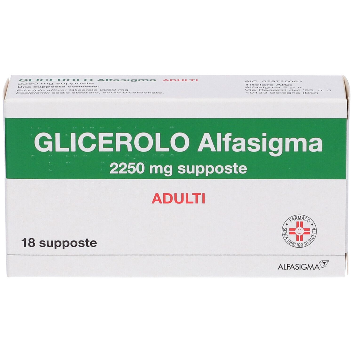 Scatola GLICEROLO Alfasigma, 2250 mg supposte, ADULTI. 18 supposte. Scatola bianca, scritte verdi e logo.