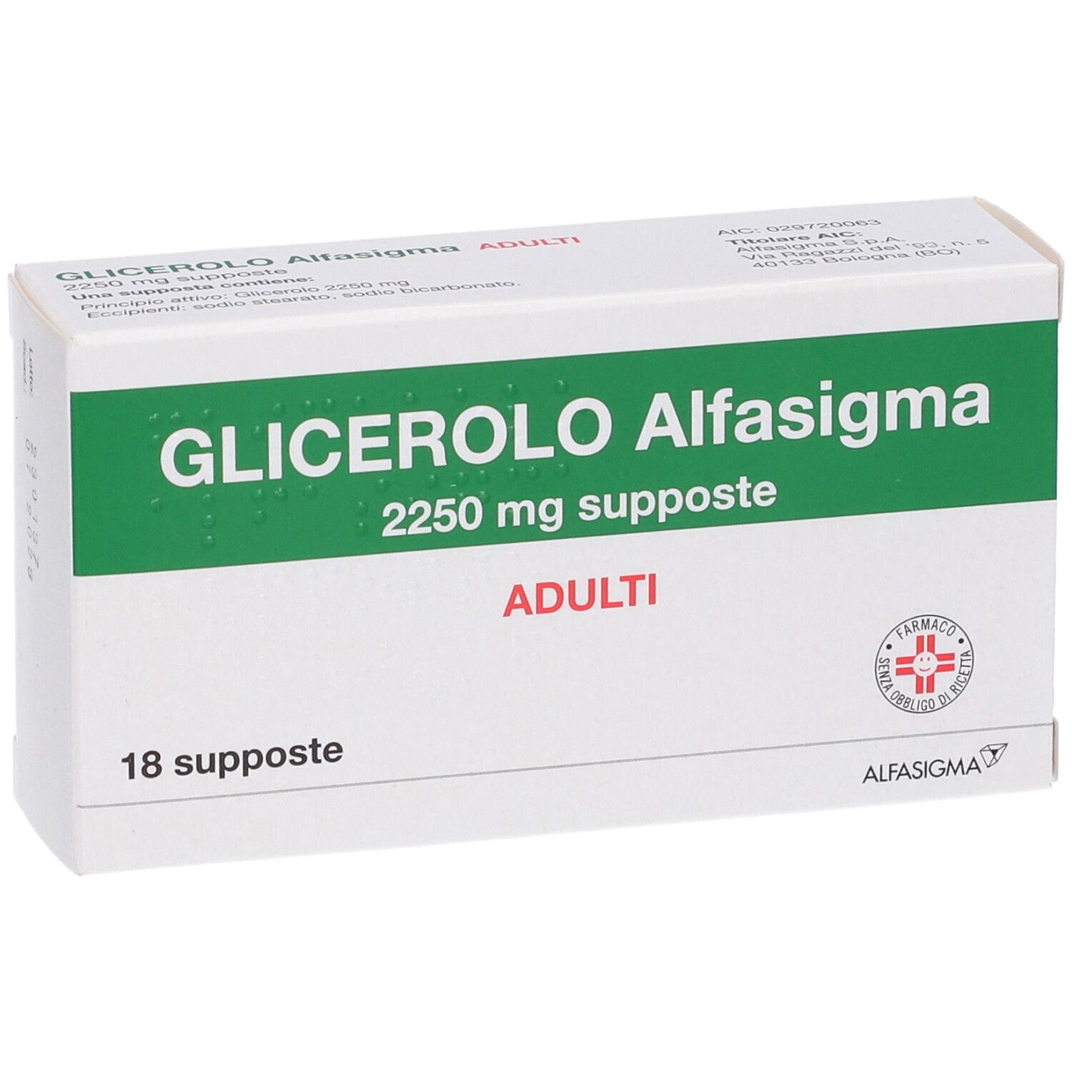 Scatola GLICEROLO Alfasigma, 2250 mg supposte, ADULTI. 18 supposte. Scatola bianca, scritte verdi e logo.