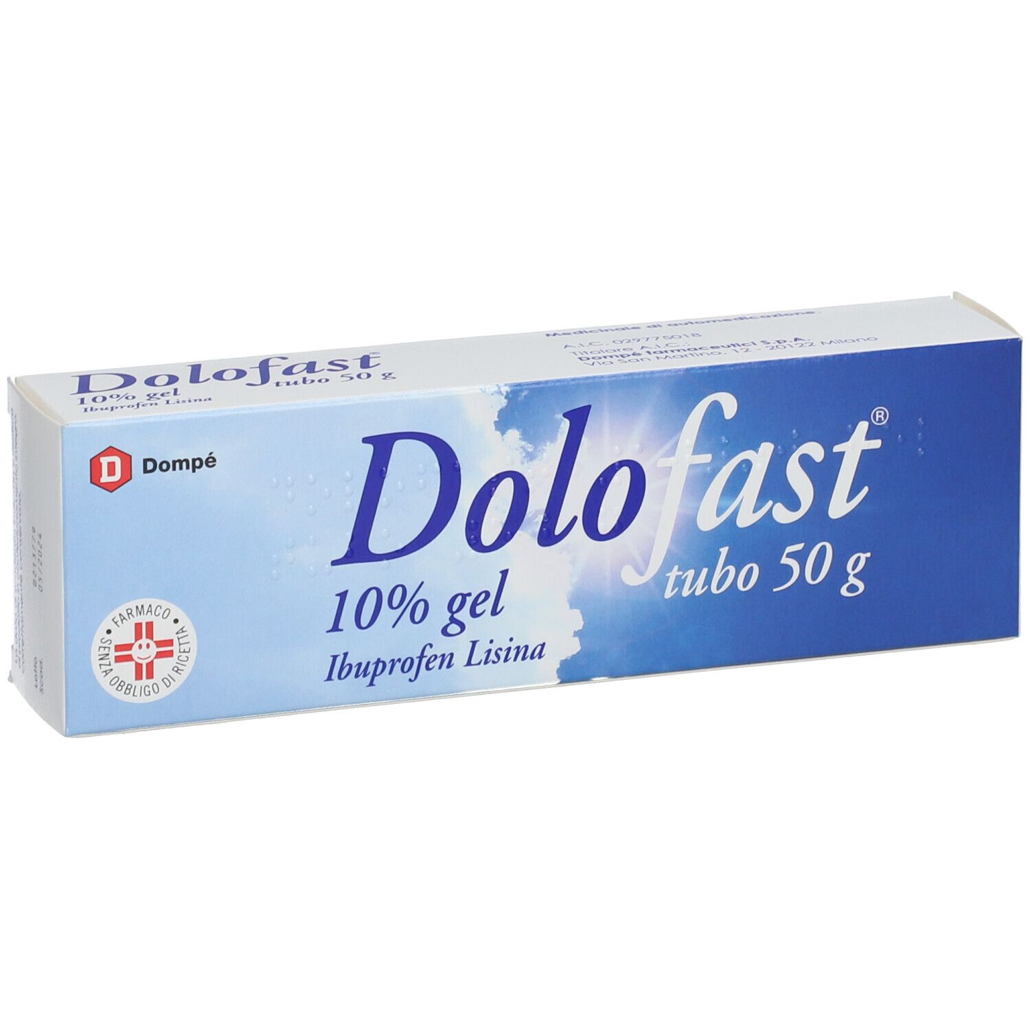 Scatola di gel. Nome del prodotto e informazioni in italiano. Logo e testo. 10% gel, Ibuprofene Lisina.