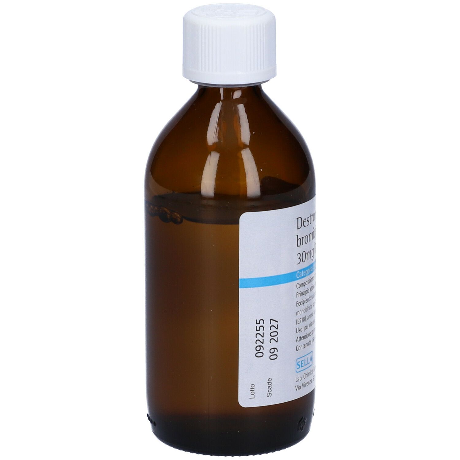 Flacone marrone con tappo bianco. Etichetta con testo. Liquido visibile. Scritta: Destrometorfano bromidrato.