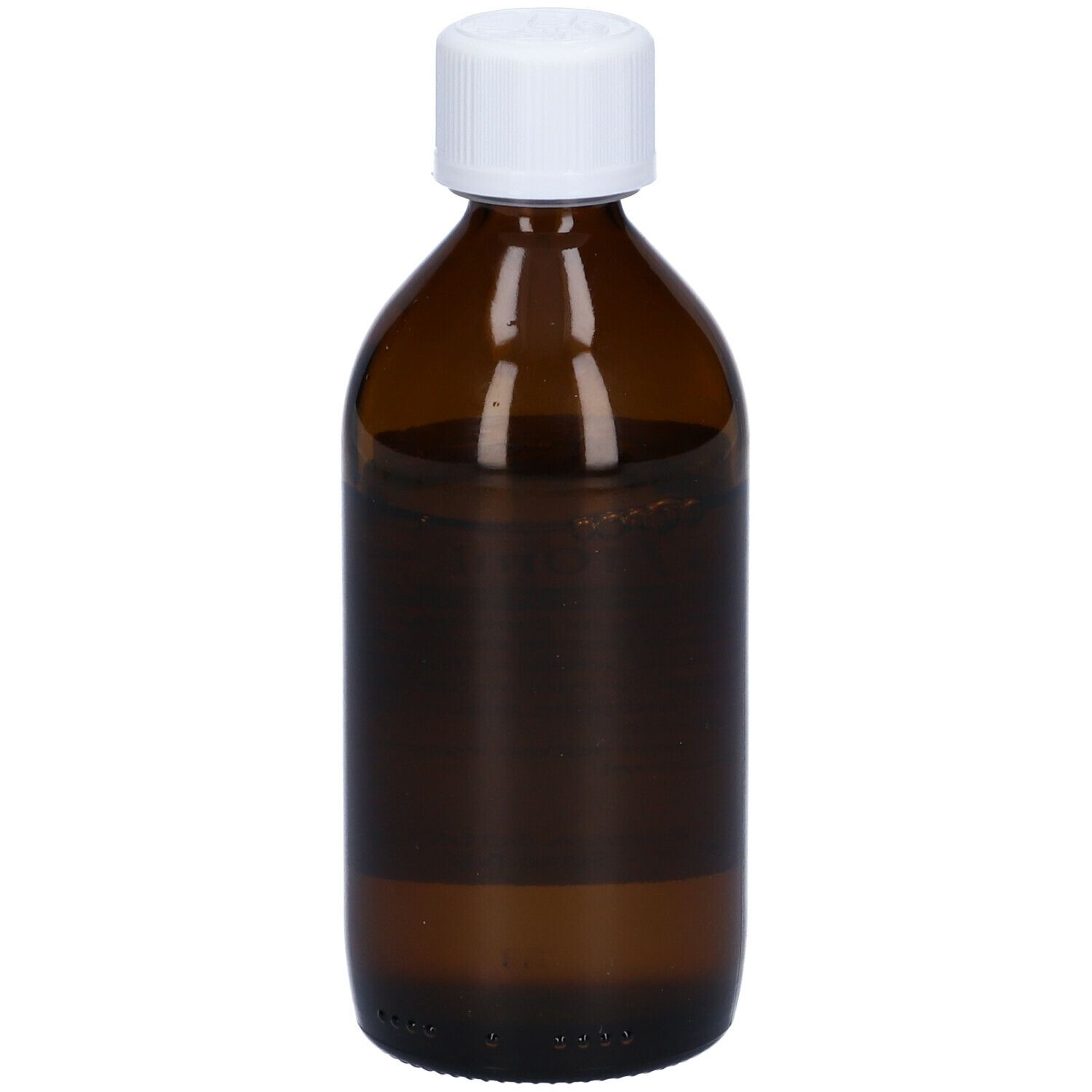 Flacone marrone con tappo bianco. Liquido visibile. Nessun altro dettaglio identificabile.