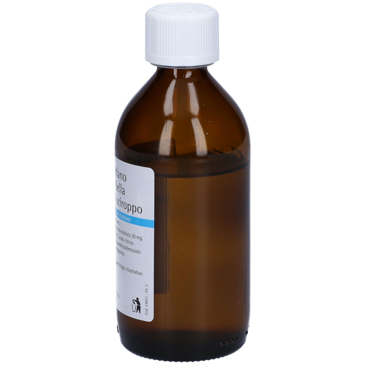 Flacone marrone con tappo bianco. Etichetta con testo. Scritta: Destrometorfano bromidrato sciroppo.