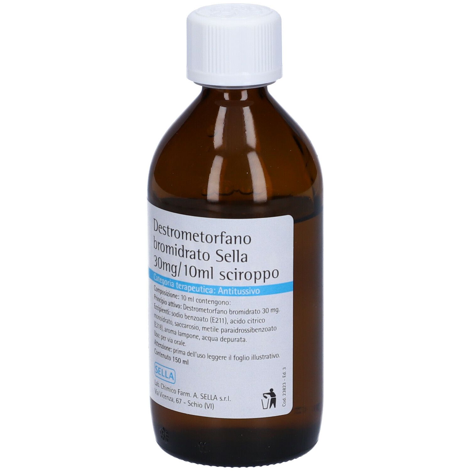 Flacone marrone con tappo bianco. Etichetta con testo. Scritta: Destrometorfano bromidrato Sella 30mg/10ml sciroppo.