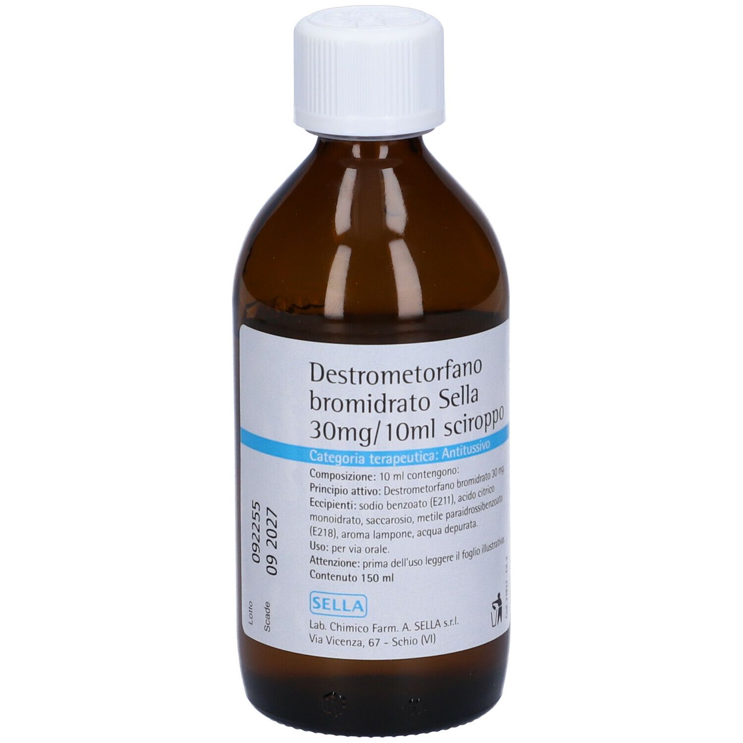 Flacone marrone con tappo bianco. Etichetta con testo. Scritta: Destrometorfano bromidrato Sella 30mg/10ml sciroppo.