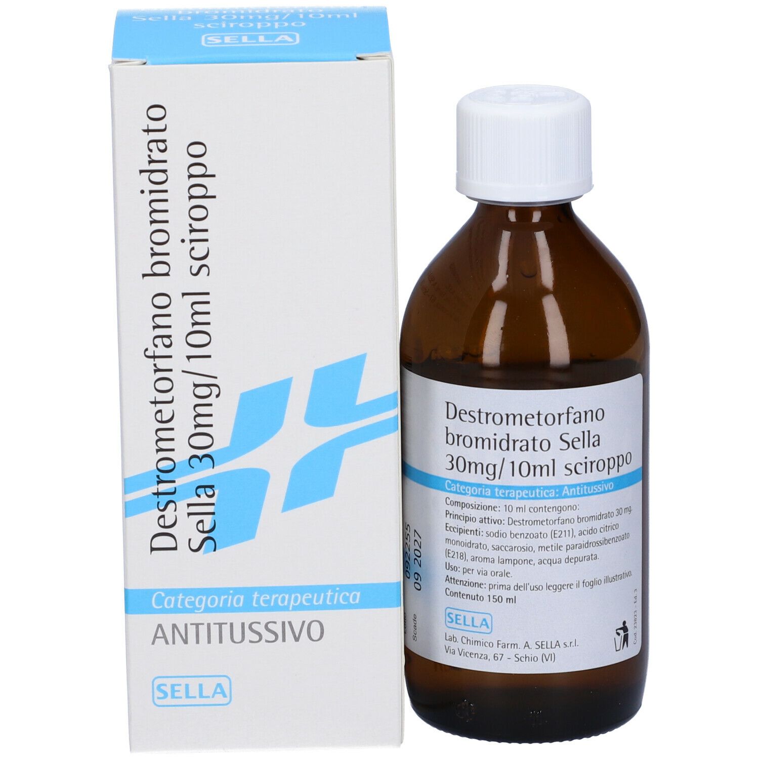 Flacone marrone e scatola. Scritta: Destrometorfano bromidrato Sella 30mg/10ml sciroppo. Categoria antitussivo.