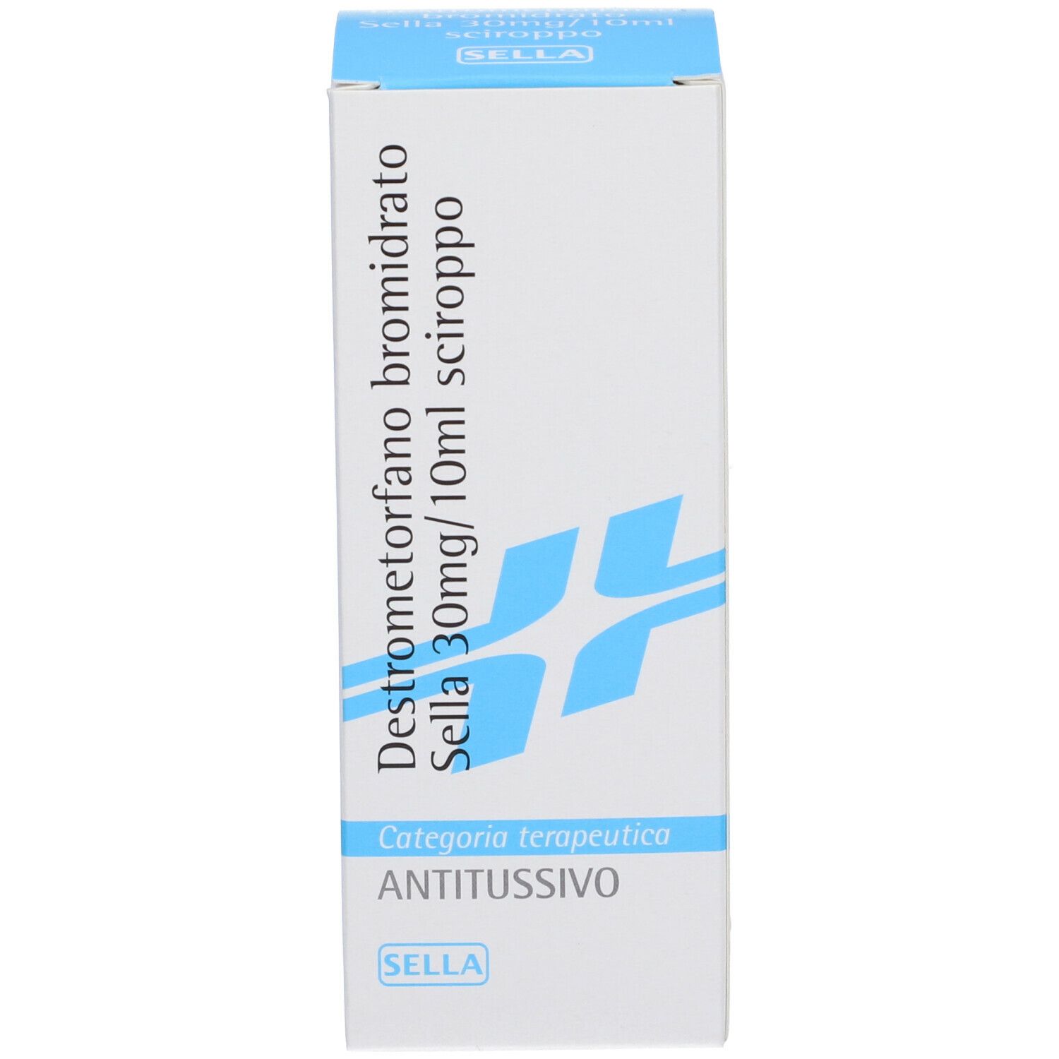 Scatola bianca con elementi blu. Scritta: Destrometorfano bromidrato Sella 30mg/10ml sciroppo. Categoria antitussivo.