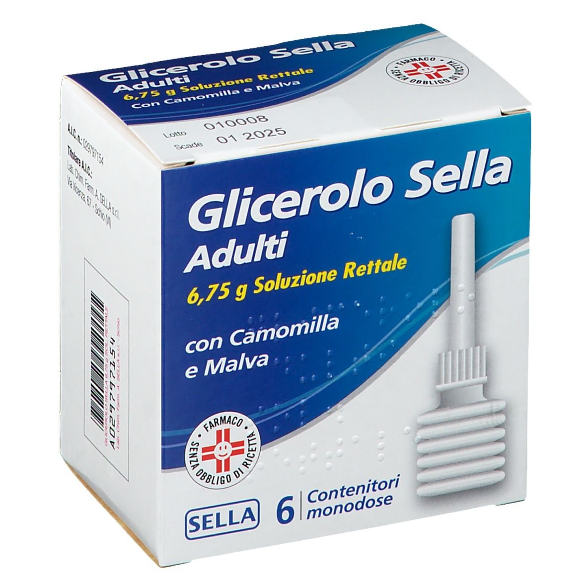 Scatola prodotto. Testo: Glicerolo Sella Adulti, 6,75 g soluzione, con camomilla e malva. 6 contenitori monodose.