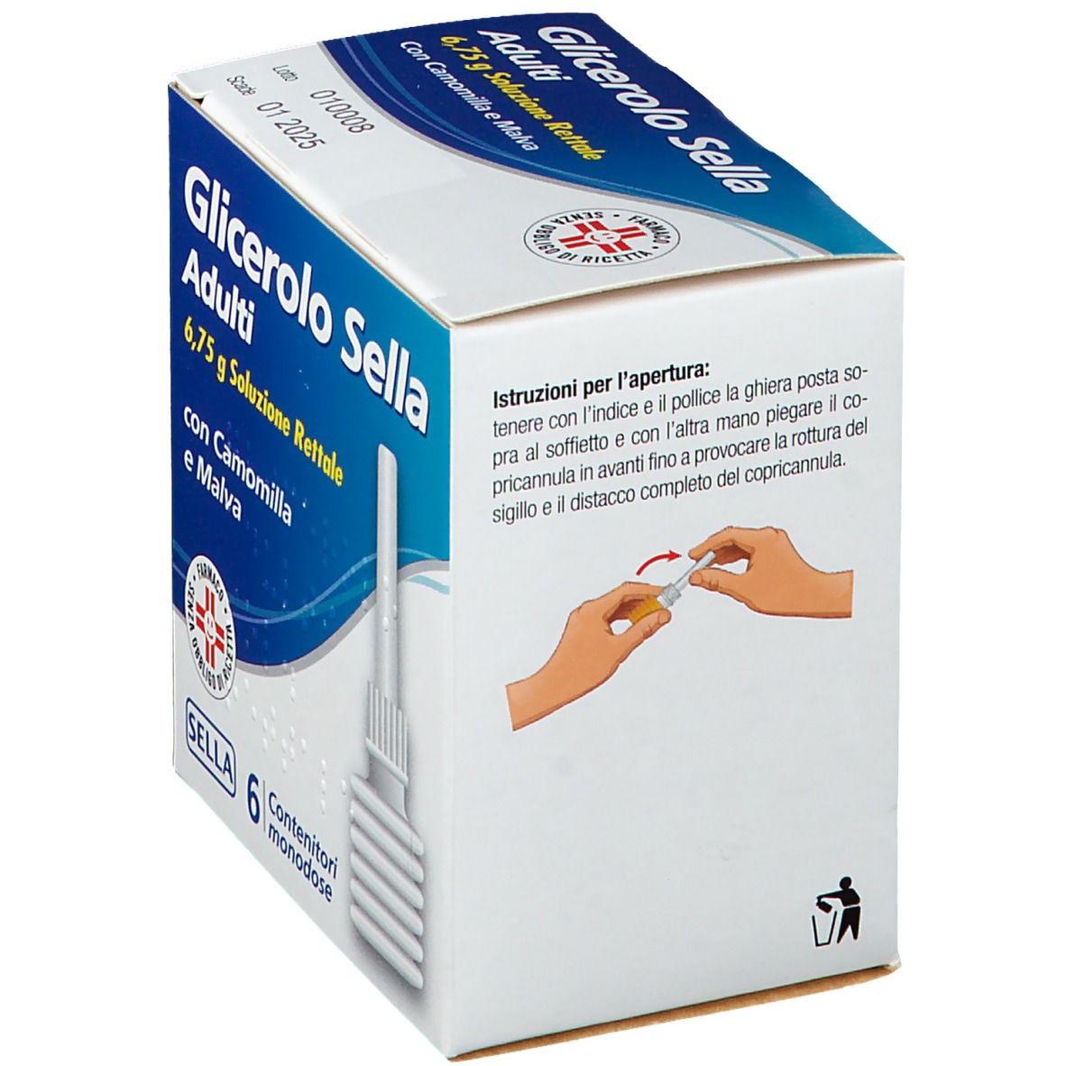 Confezione prodotto con istruzioni. Testo: Glicerolo Sella Adulti, 6,75 g soluzione. Illustrazione: apertura contenitore.