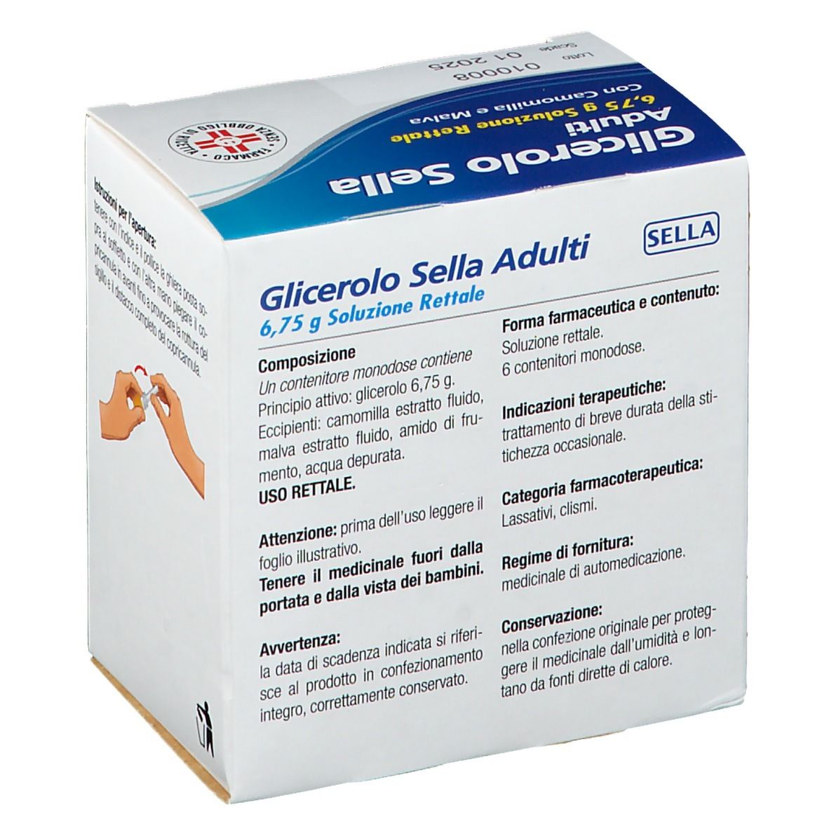 Confezione prodotto con testo. Testo: Glicerolo Sella Adulti, 6,75 g soluzione. Composizione, istruzioni per l'uso, avvertenze.