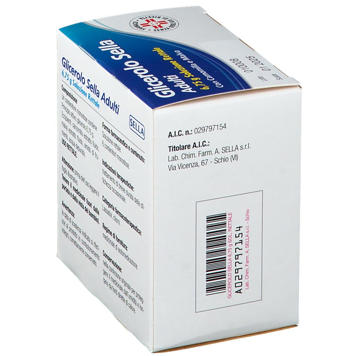 Confezione prodotto. Testo: Glicerolo Sella Adulti, 6,75 g soluzione. Informazioni produttore, codice a barre.