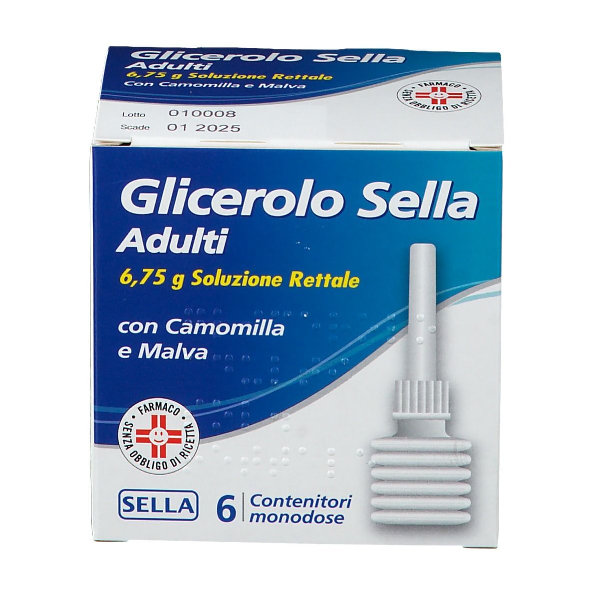 Confezione prodotto. Testo: Glicerolo Sella Adulti, 6,75 g soluzione, con camomilla e malva. 6 contenitori monodose.