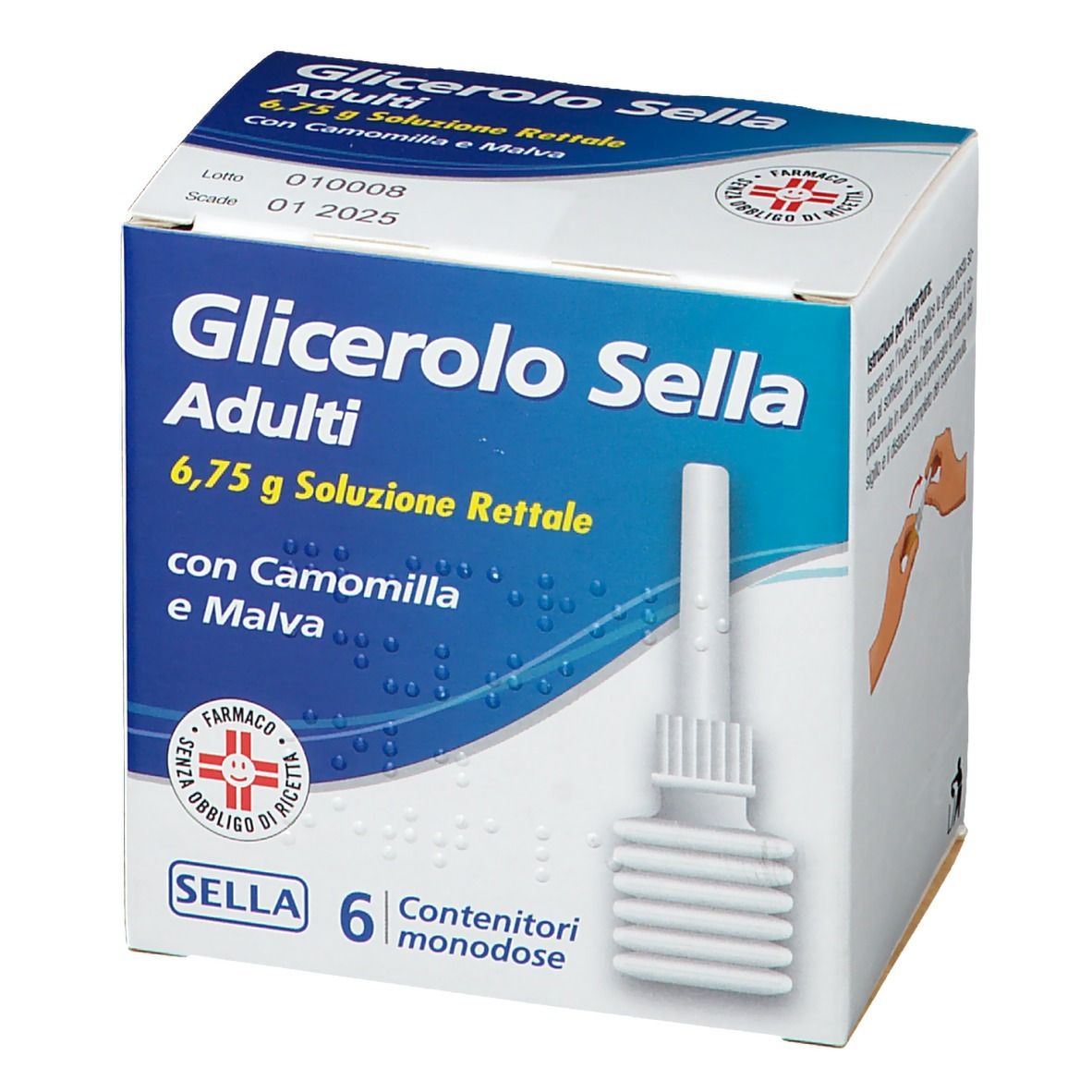 Confezione prodotto. Testo: Glicerolo Sella Adulti, 6,75 g soluzione, con camomilla e malva. 6 contenitori monodose. Illustrazione.