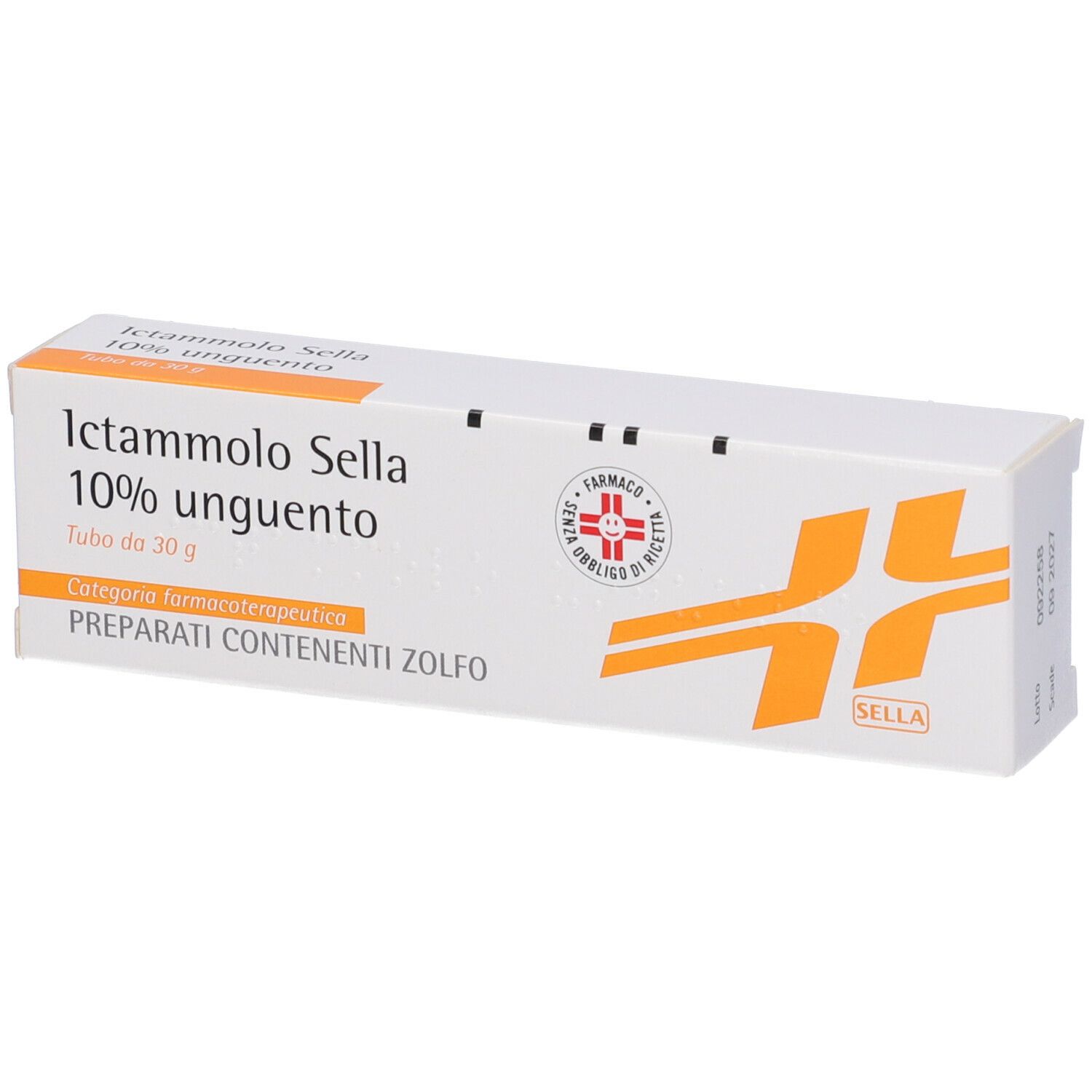 Scatola bianca con nome e logo del prodotto. Accenti arancioni. Testo: Ictammolo Sella 10% Unguento.