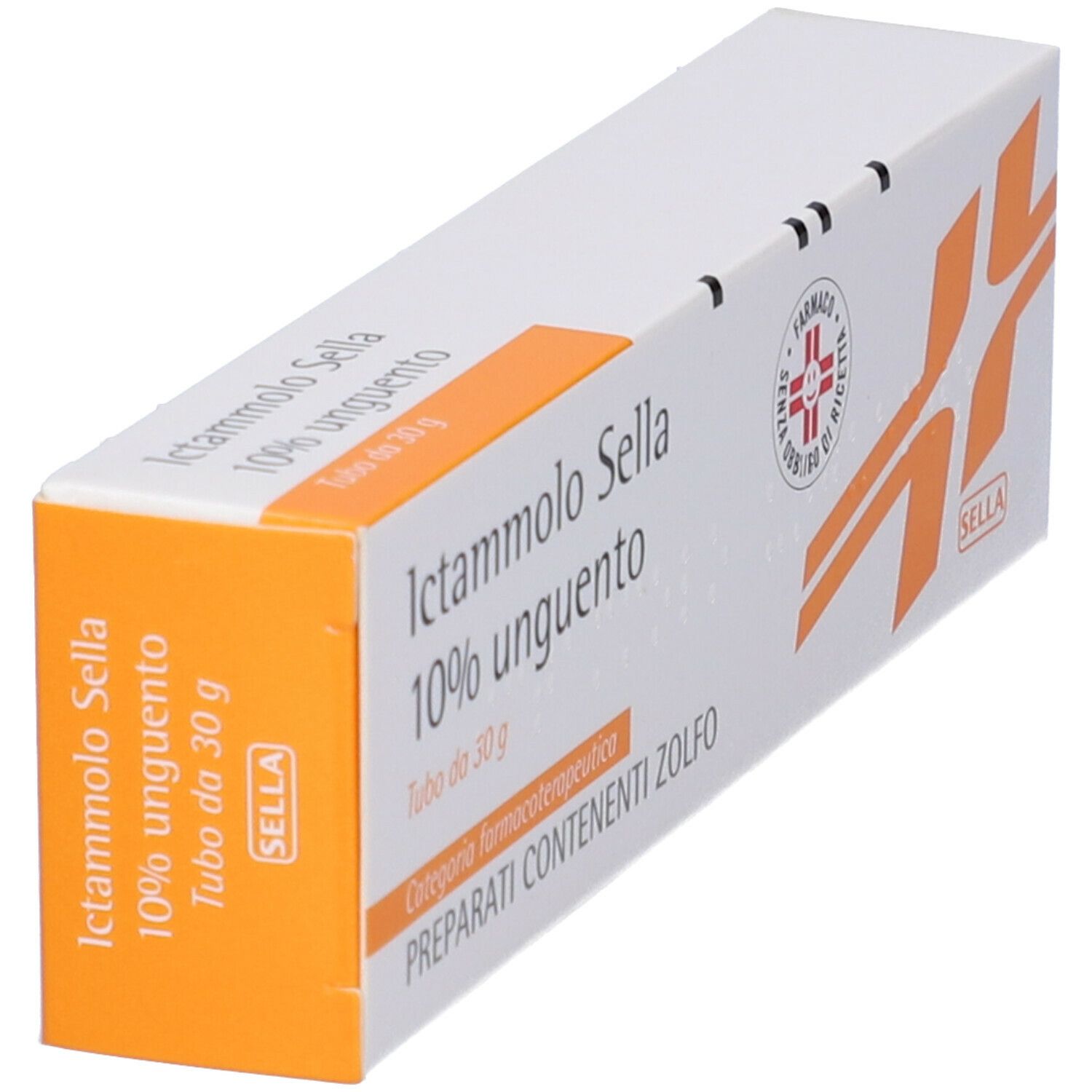 Confezione del prodotto inclinata. Bianco con accenti arancioni. Testo: Ictammolo Sella 10% Unguento.