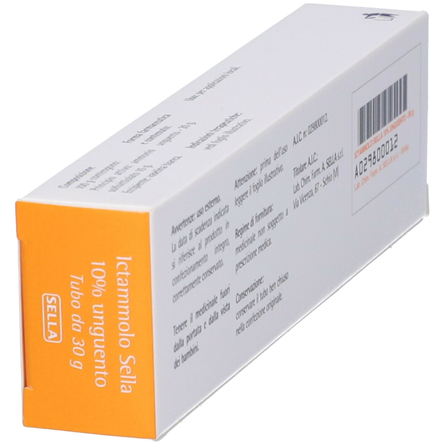 Confezione del prodotto inclinata. Bianco con riquadro arancione. Testo: Ictammolo Sella 10% Unguento.