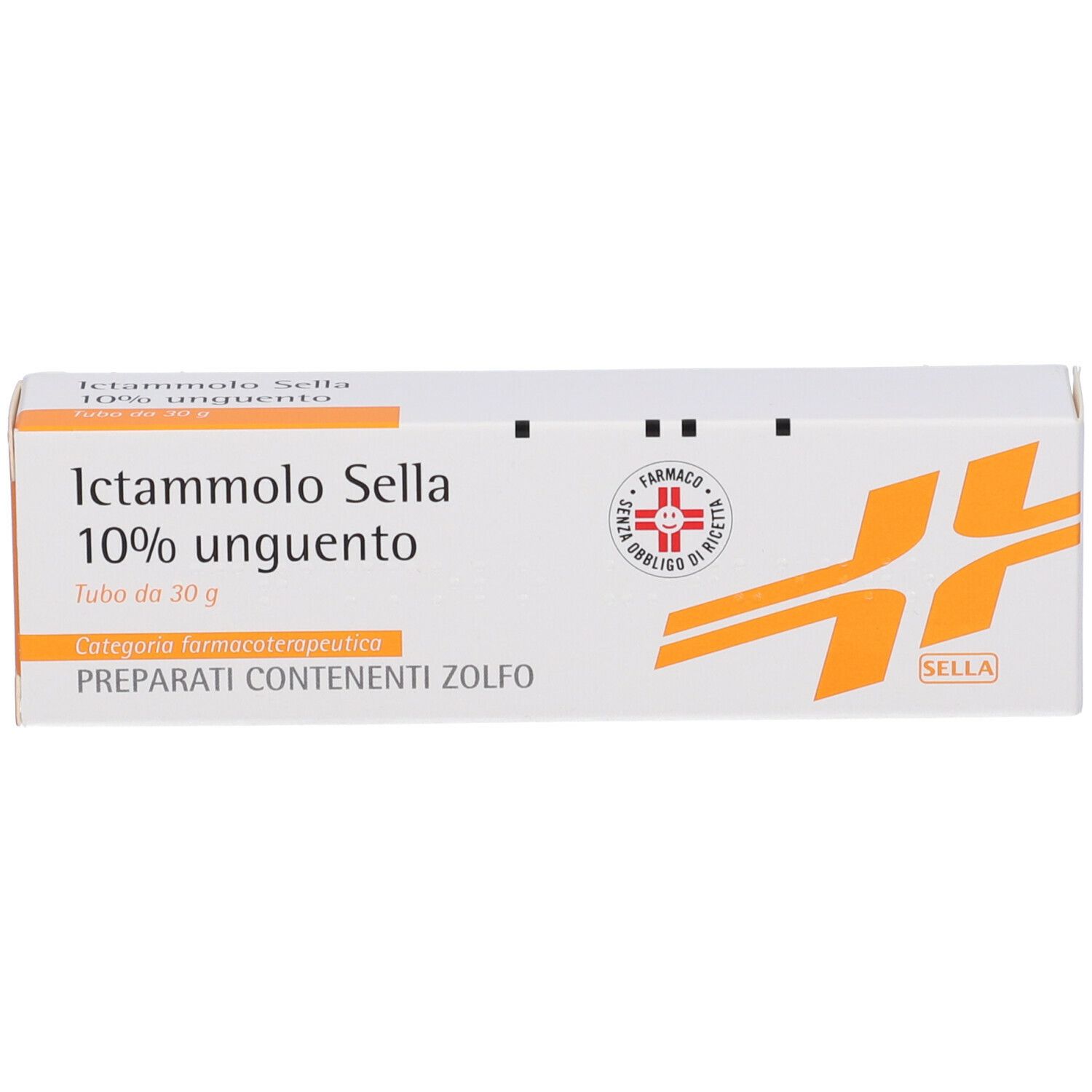Confezione del prodotto, bianca con accenti arancioni. Testo: Ictammolo Sella 10% Unguento. Logo e certificazione.