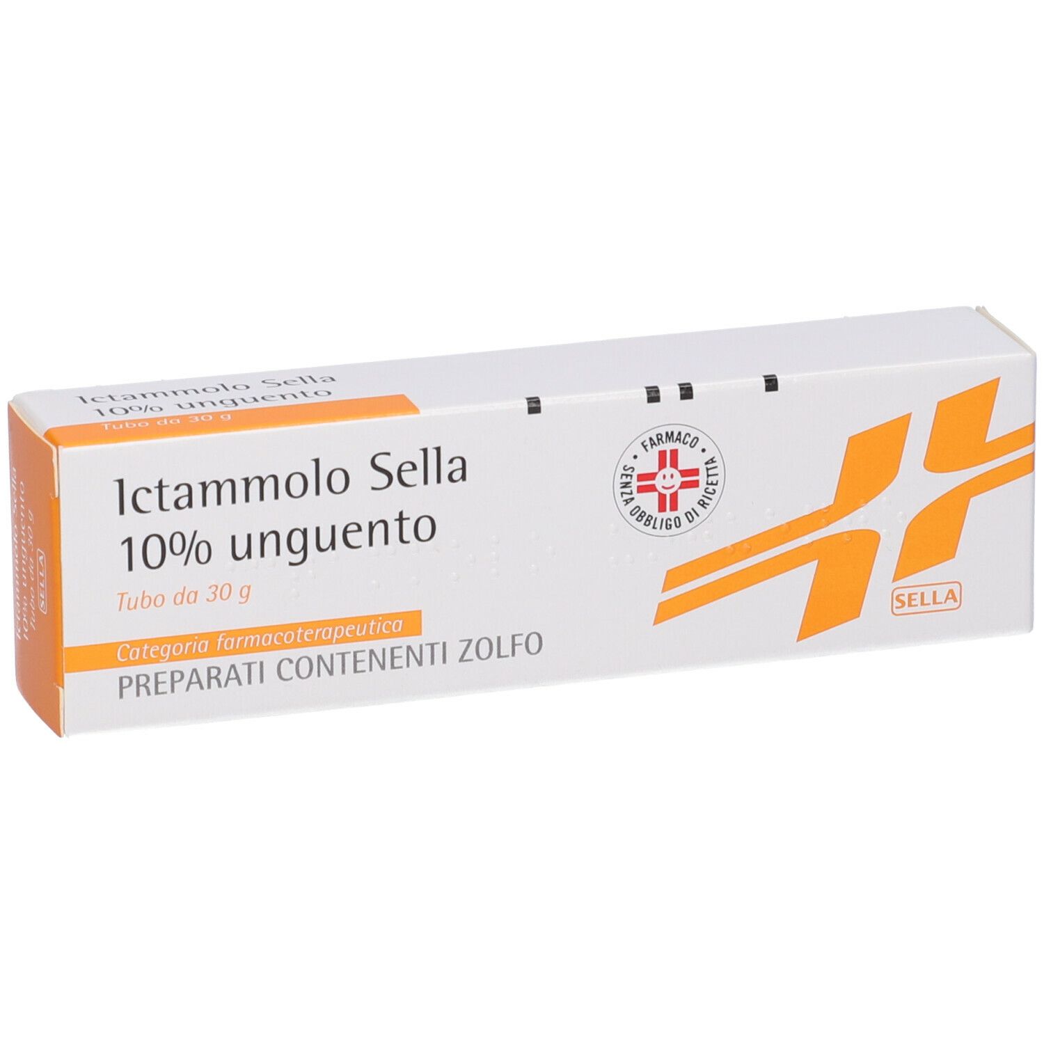 Confezione del prodotto, bianca con accenti arancioni. Testo: Ictammolo Sella 10% Unguento. Logo e certificazione.