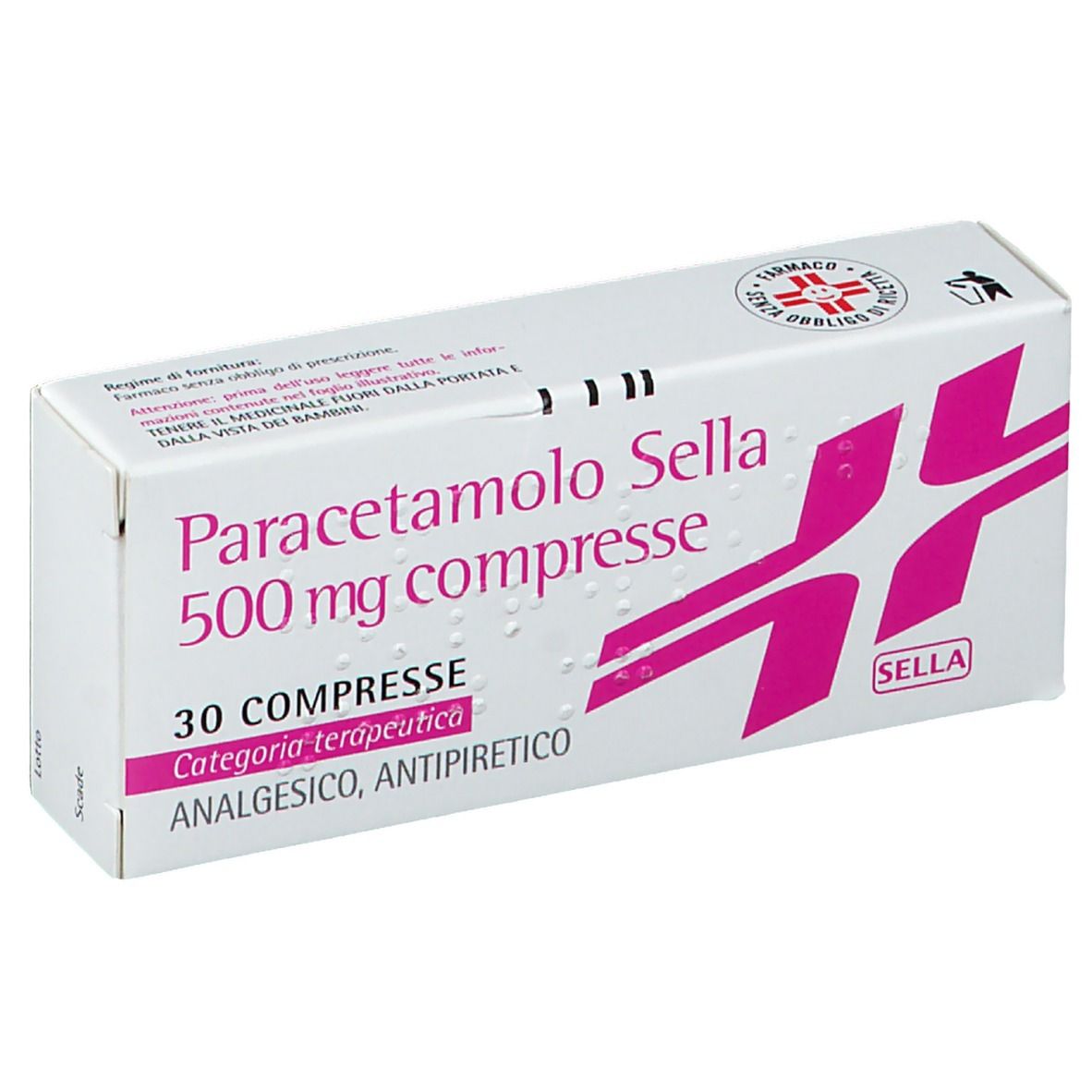 Scatola Paracetamolo Sella 500 mg Compresse. Confezione bianca con logo e testo rosa. 30 compresse.