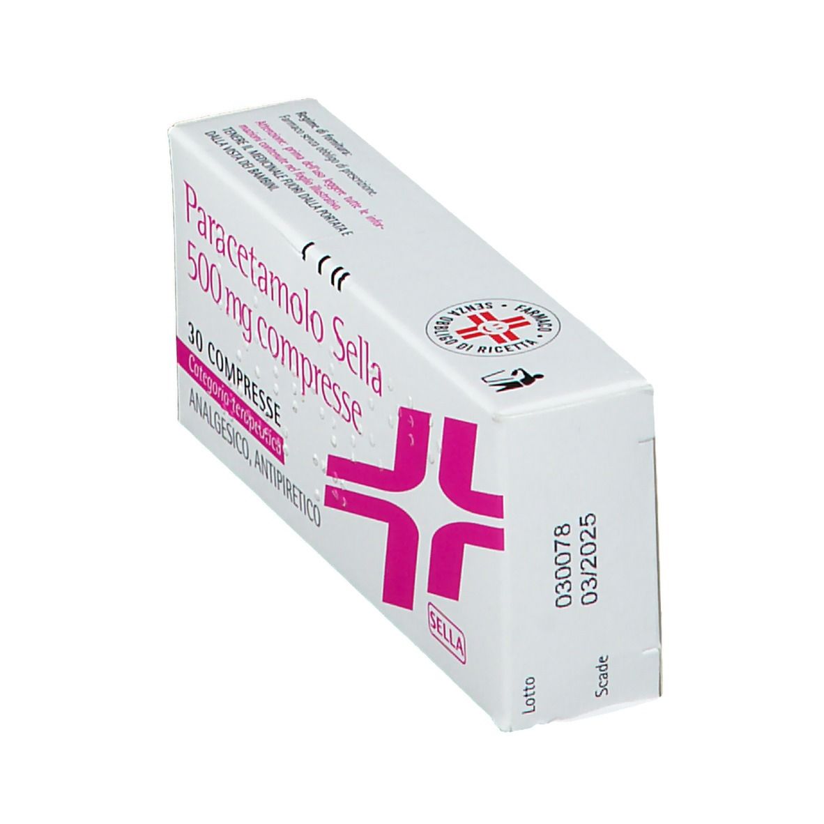 Scatola Paracetamolo Sella 500 mg Compresse. Confezione bianca con logo e testo rosa. 30 compresse.