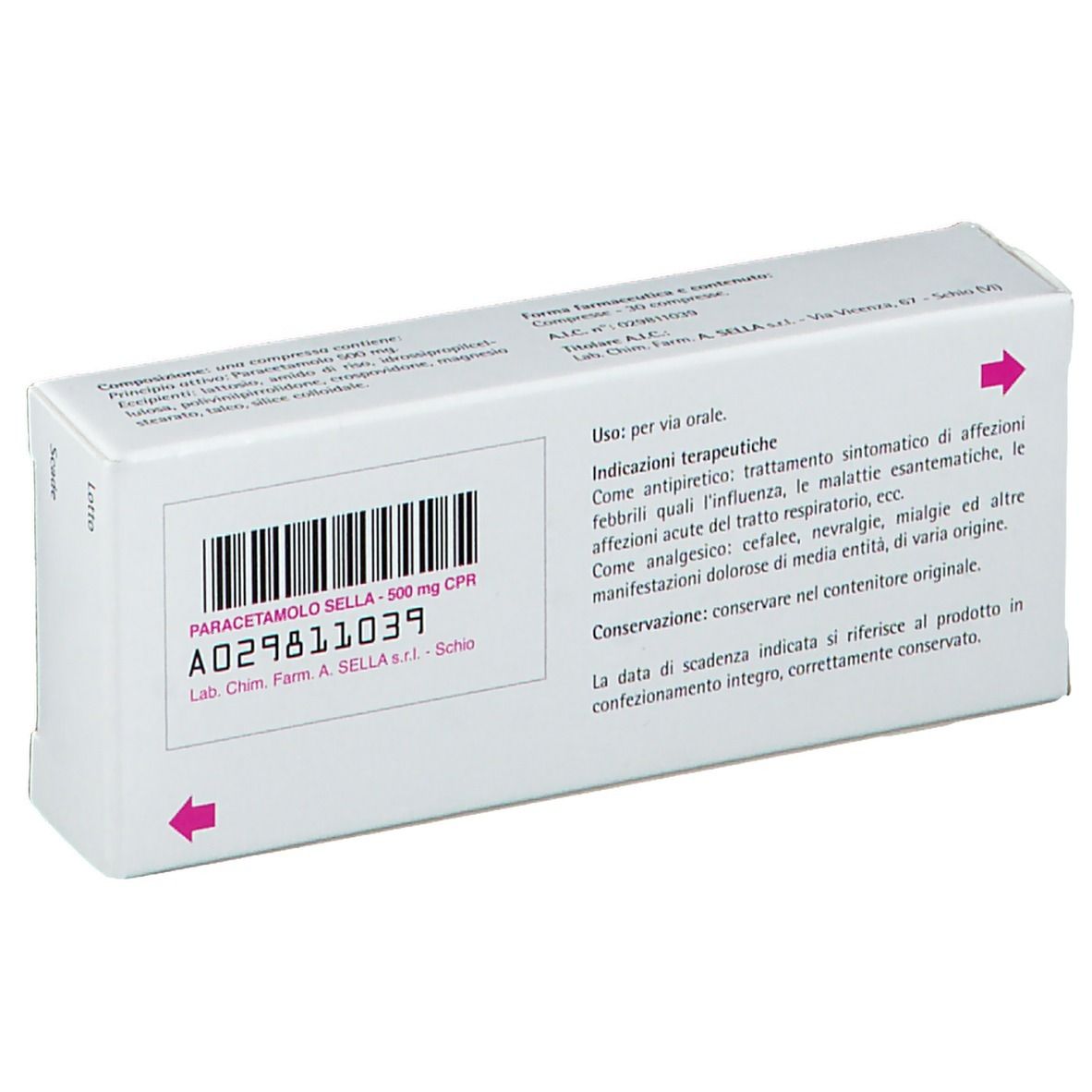 Retro della scatola Paracetamolo Sella 500 mg Compresse. Testo, codice a barre e frecce rosa.