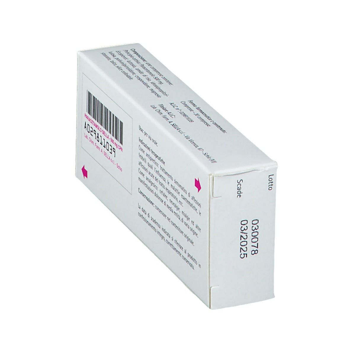 Scatola Paracetamolo Sella 500 mg Compresse. Confezione bianca con logo e testo rosa. Scadenza.