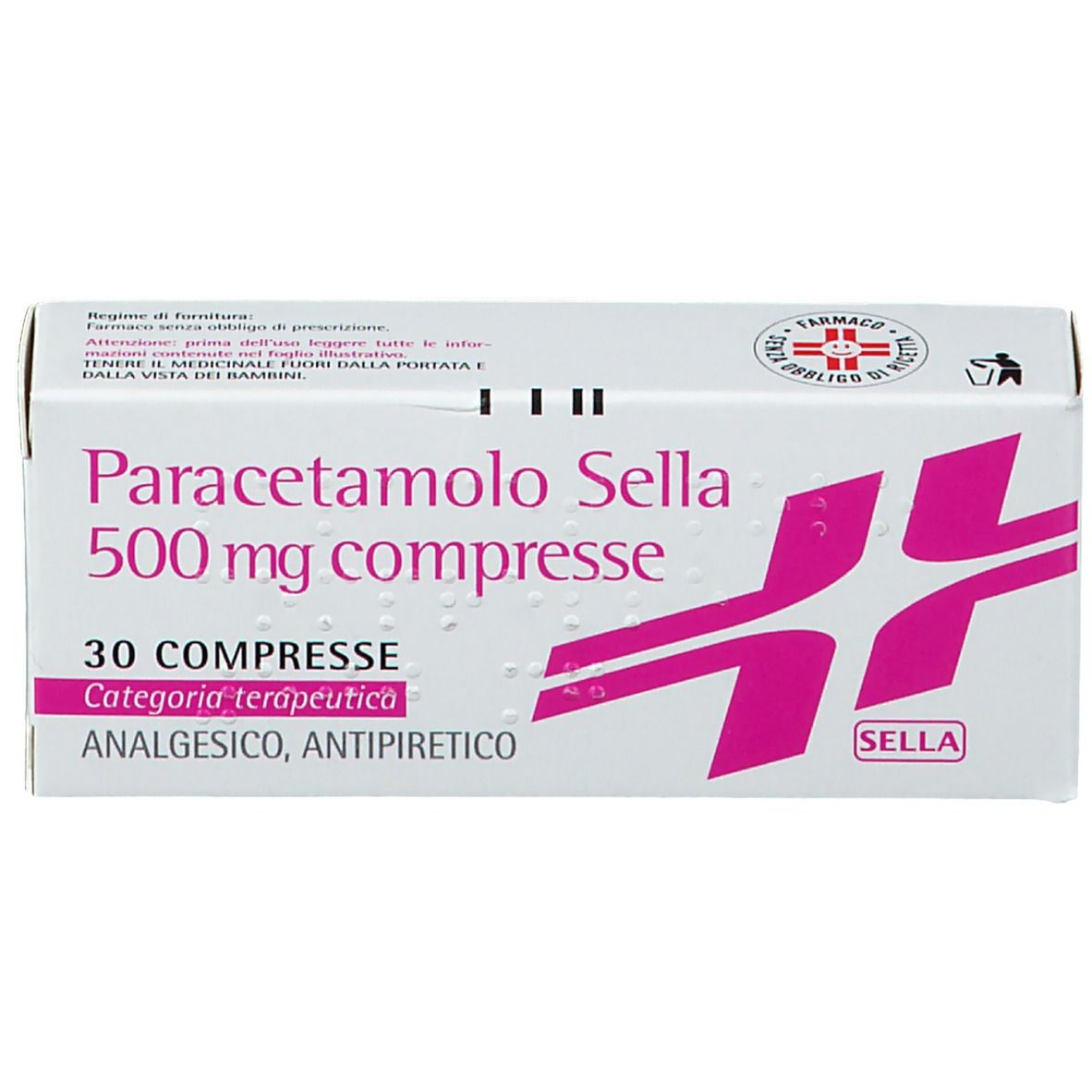 Scatola Paracetamolo Sella 500 mg Compresse. Confezione bianca con logo e testo rosa. 30 compresse.