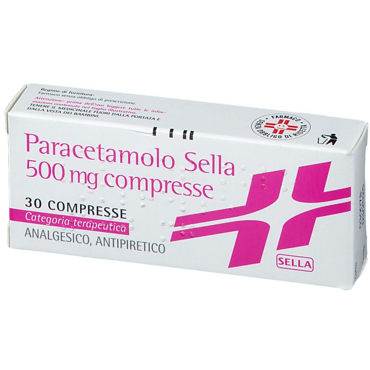 Scatola Paracetamolo Sella 500 mg Compresse. Confezione bianca con logo e testo rosa. 30 compresse.