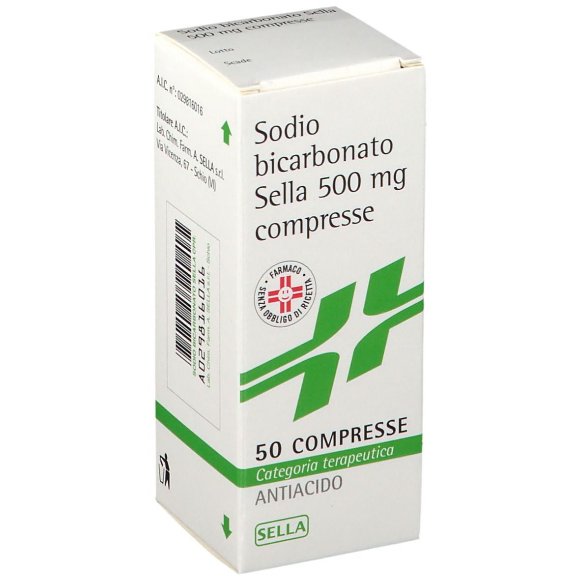 Scatola di SODIO BICARBONATO SELLA 500 mg Compresse. Scritto: 50 Compresse, Antiacido. Confezione verde e bianca.