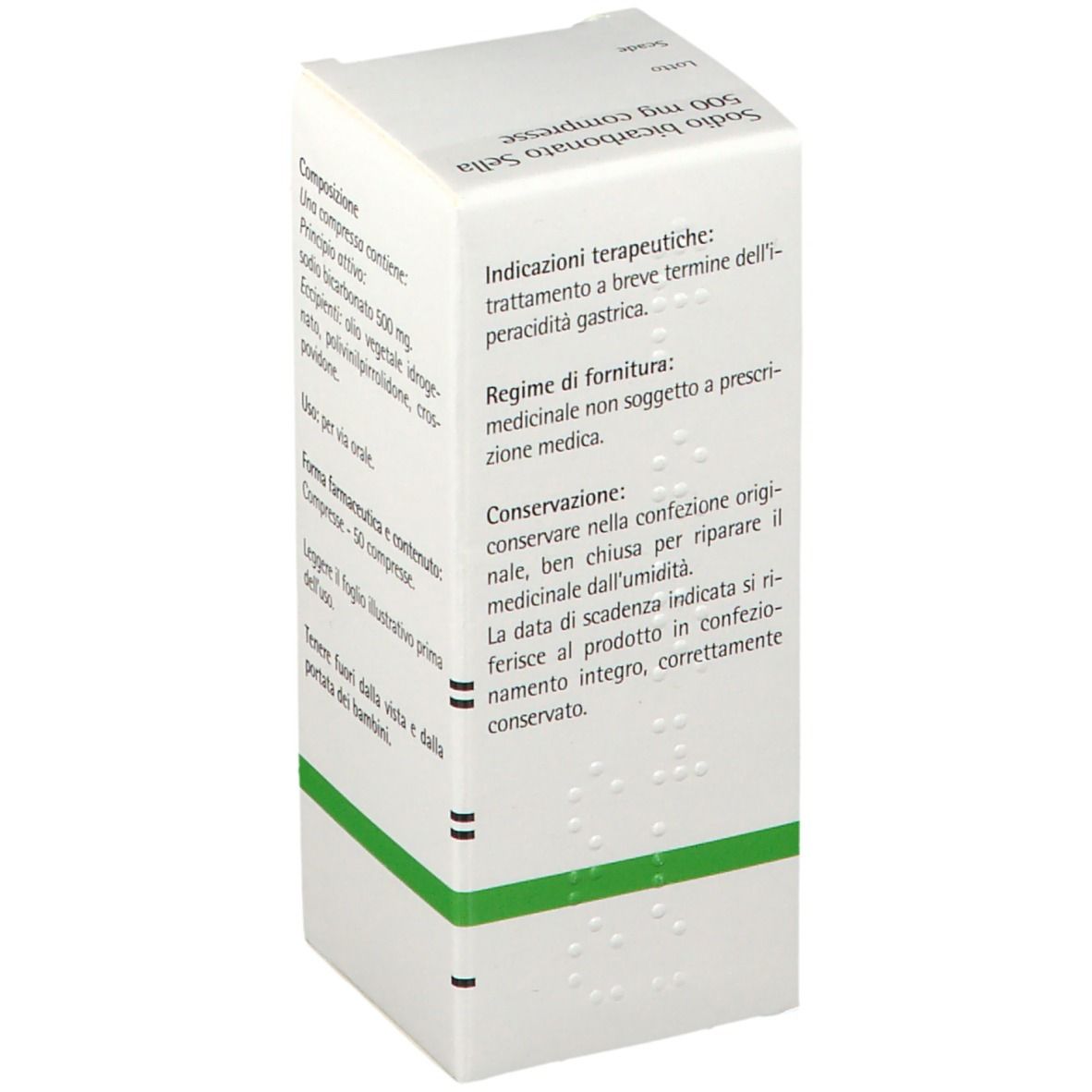 Lato della scatola di SODIO BICARBONATO SELLA 500 mg Compresse. Testo in italiano. Confezione verde e bianca.