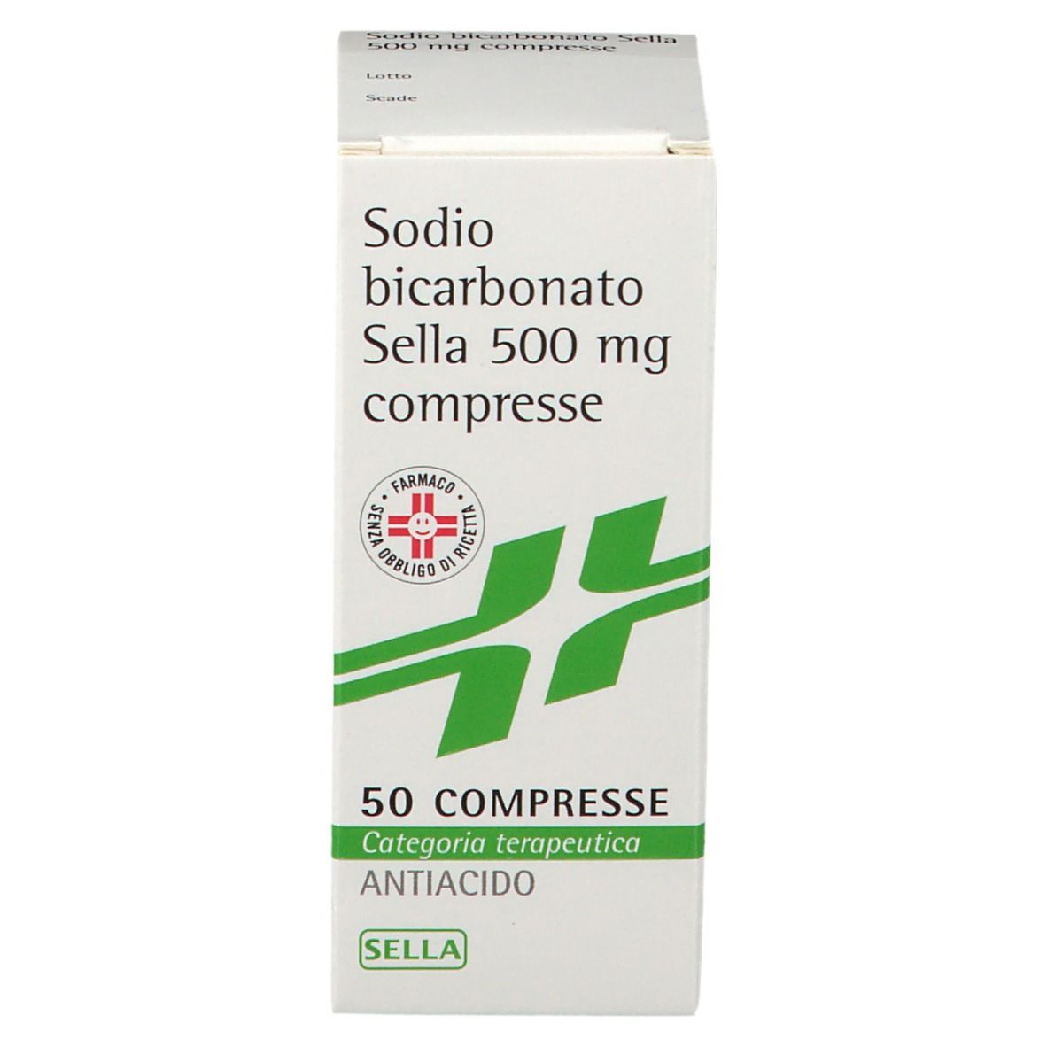 Scatola di SODIO BICARBONATO SELLA 500 mg Compresse. Scritto: 50 Compresse, Antiacido. Confezione verde e bianca.