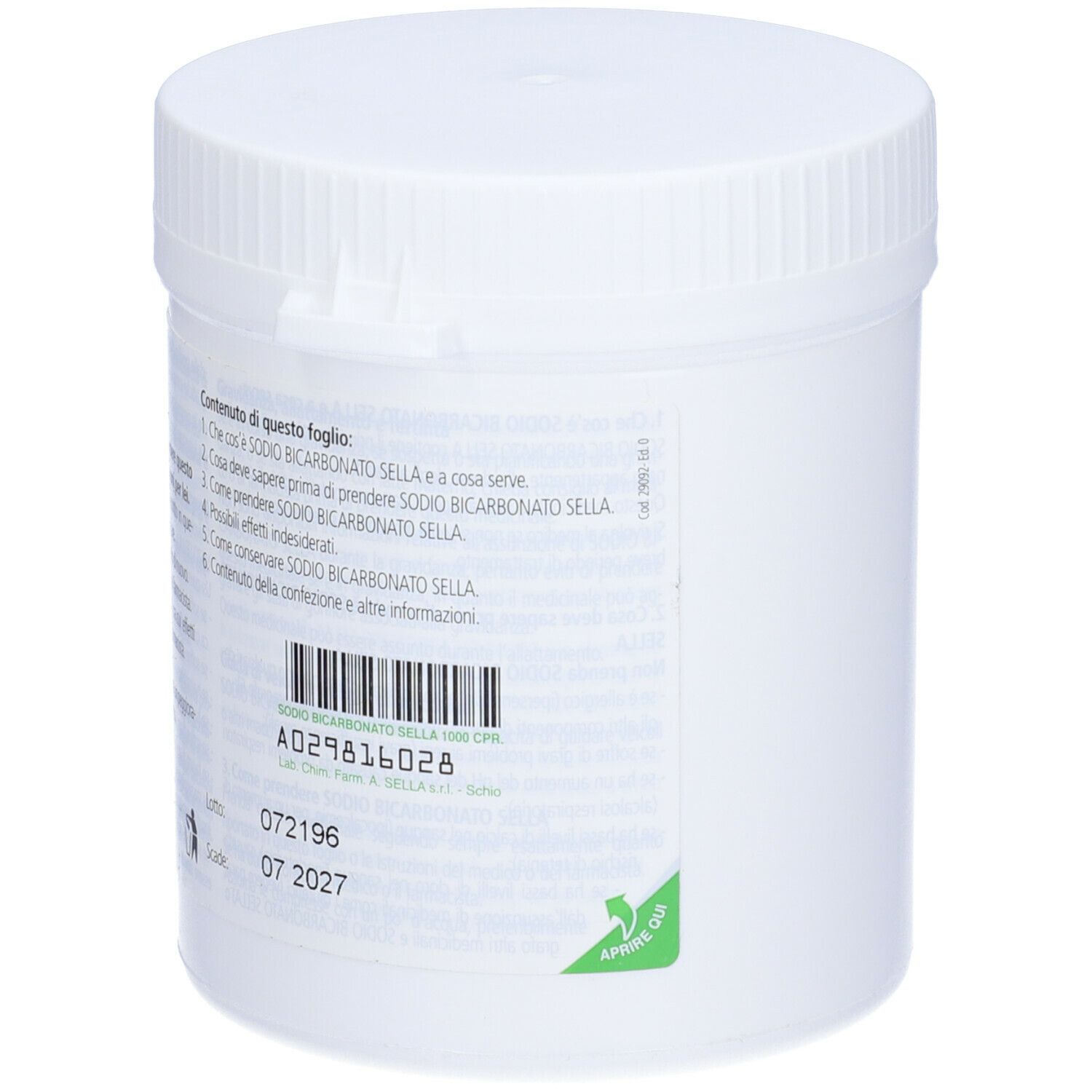 Contenitore cilindrico bianco con tappo a vite. Retro con testo e numero di lotto.
