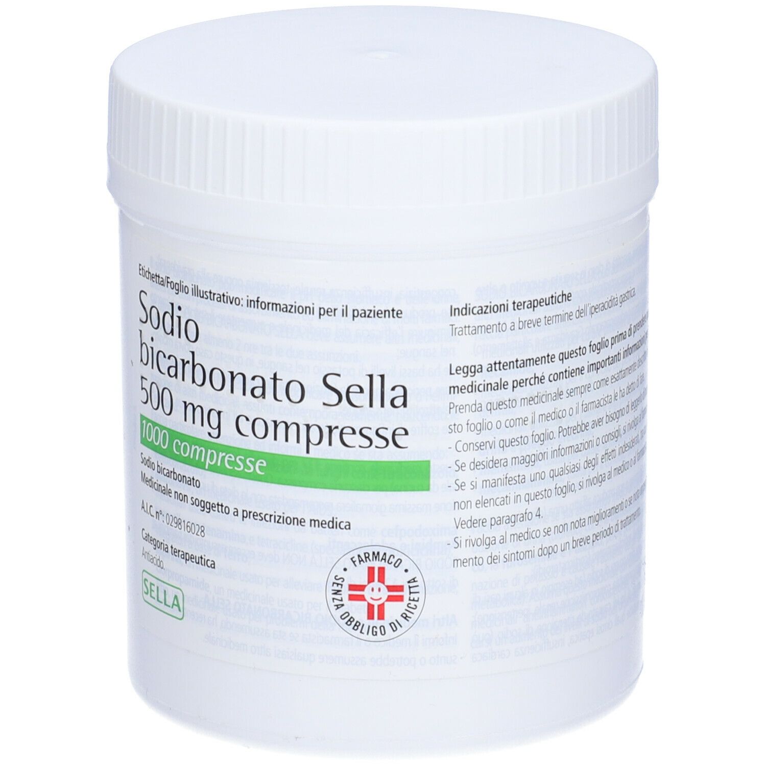 Contenitore cilindrico bianco con tappo a vite. Scritta e testo. Logo farmacia.