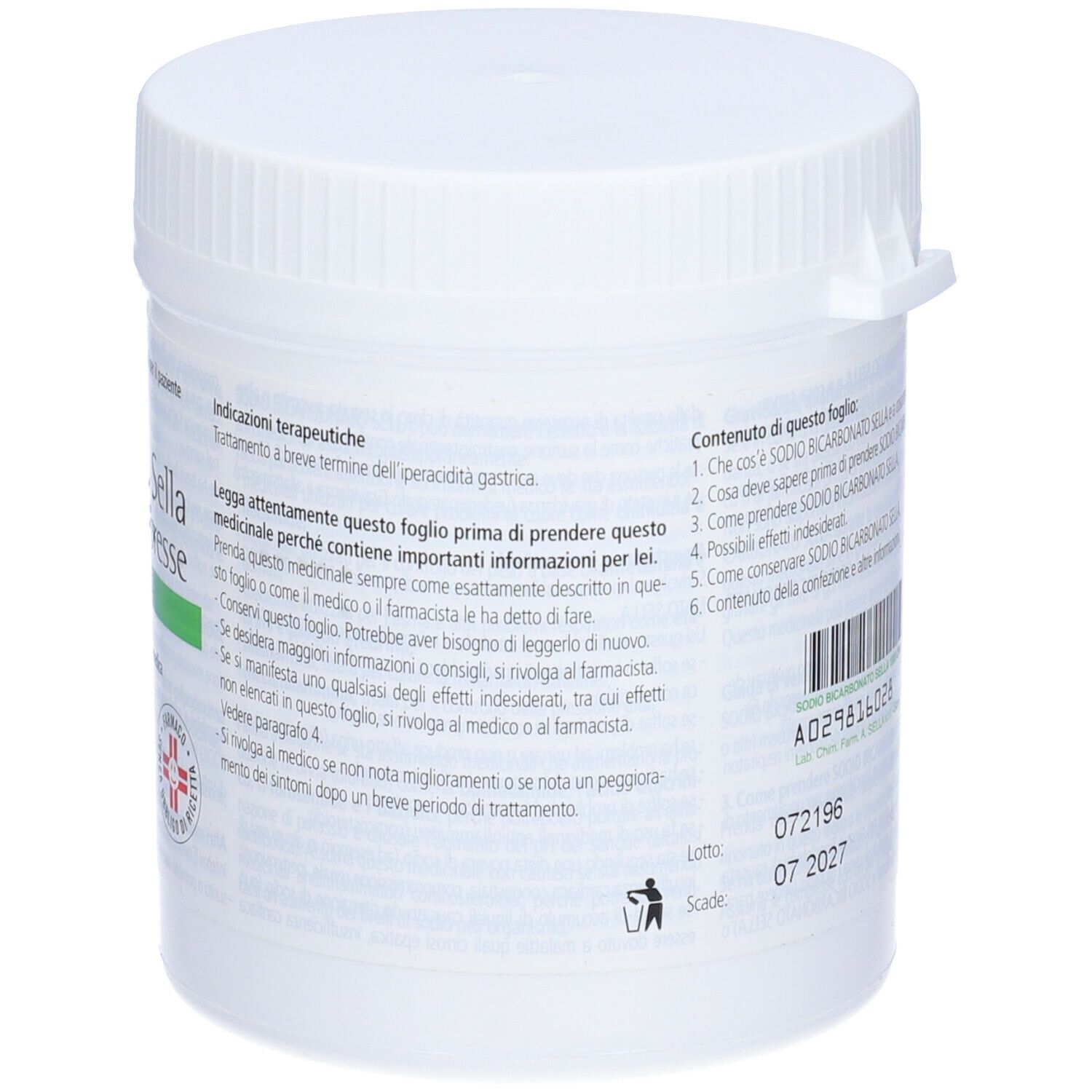 Contenitore cilindrico bianco con tappo a vite. Retro con testo, numero di lotto e logo farmacia.