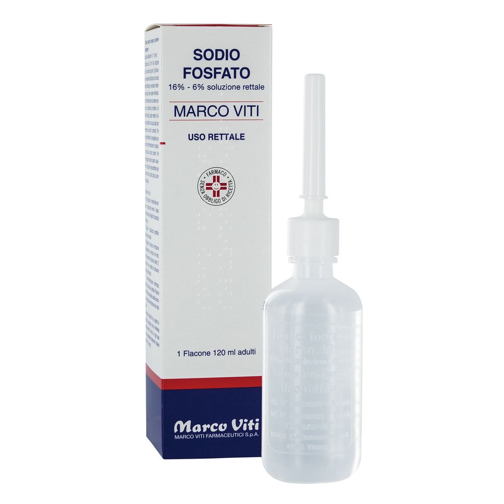 Flacone e confezione. Scritta 'Sodio Fosfato Marco Viti 16% / 6% soluzione rettale'.