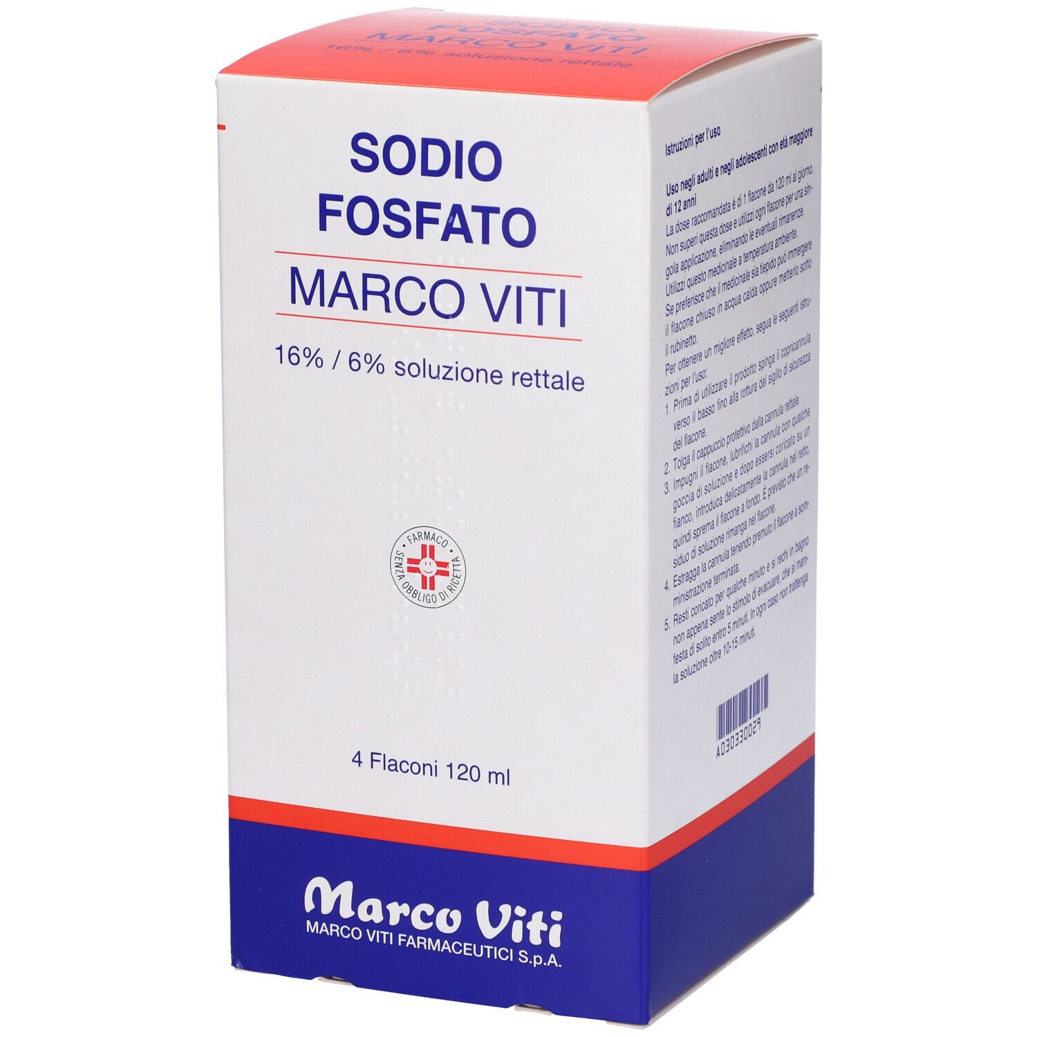 Scatola con scritta 'Sodio Fosfato Marco Viti 16% / 6% soluzione rettale'. Contiene 4 flaconi.