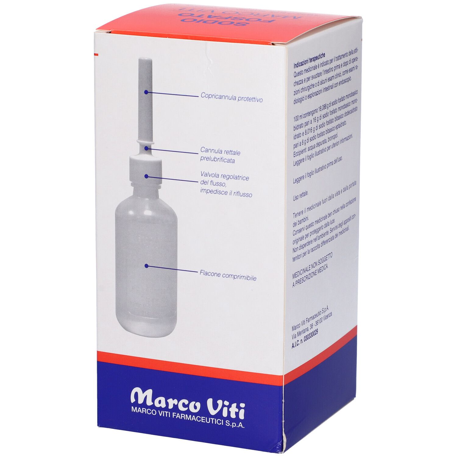 Confezione con immagine del prodotto. Etichettatura dei componenti: flacone, cannula, ecc. 'Marco Viti'.