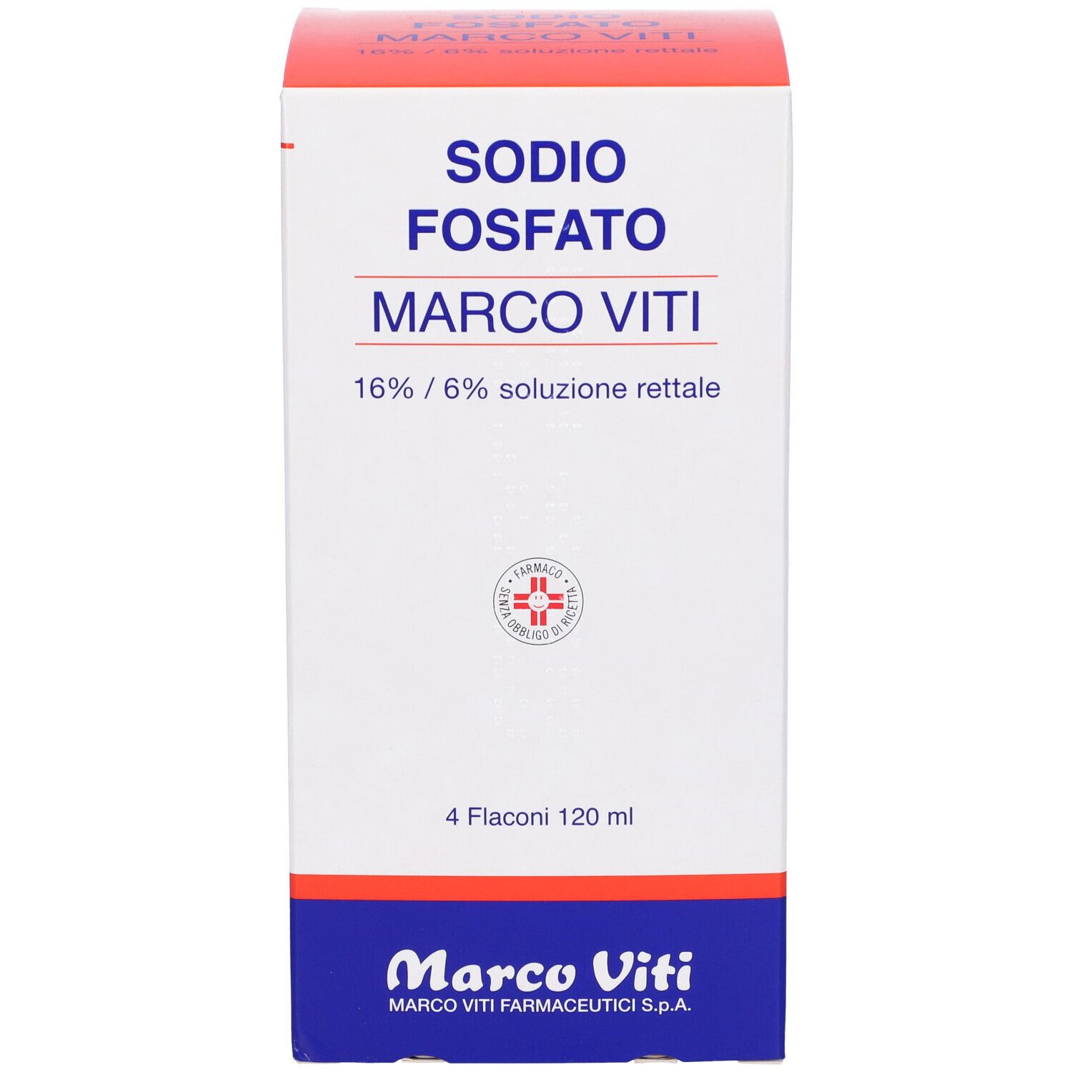 Fronte della confezione. 'Sodio Fosfato Marco Viti 16% / 6% soluzione rettale'. 4 flaconi.