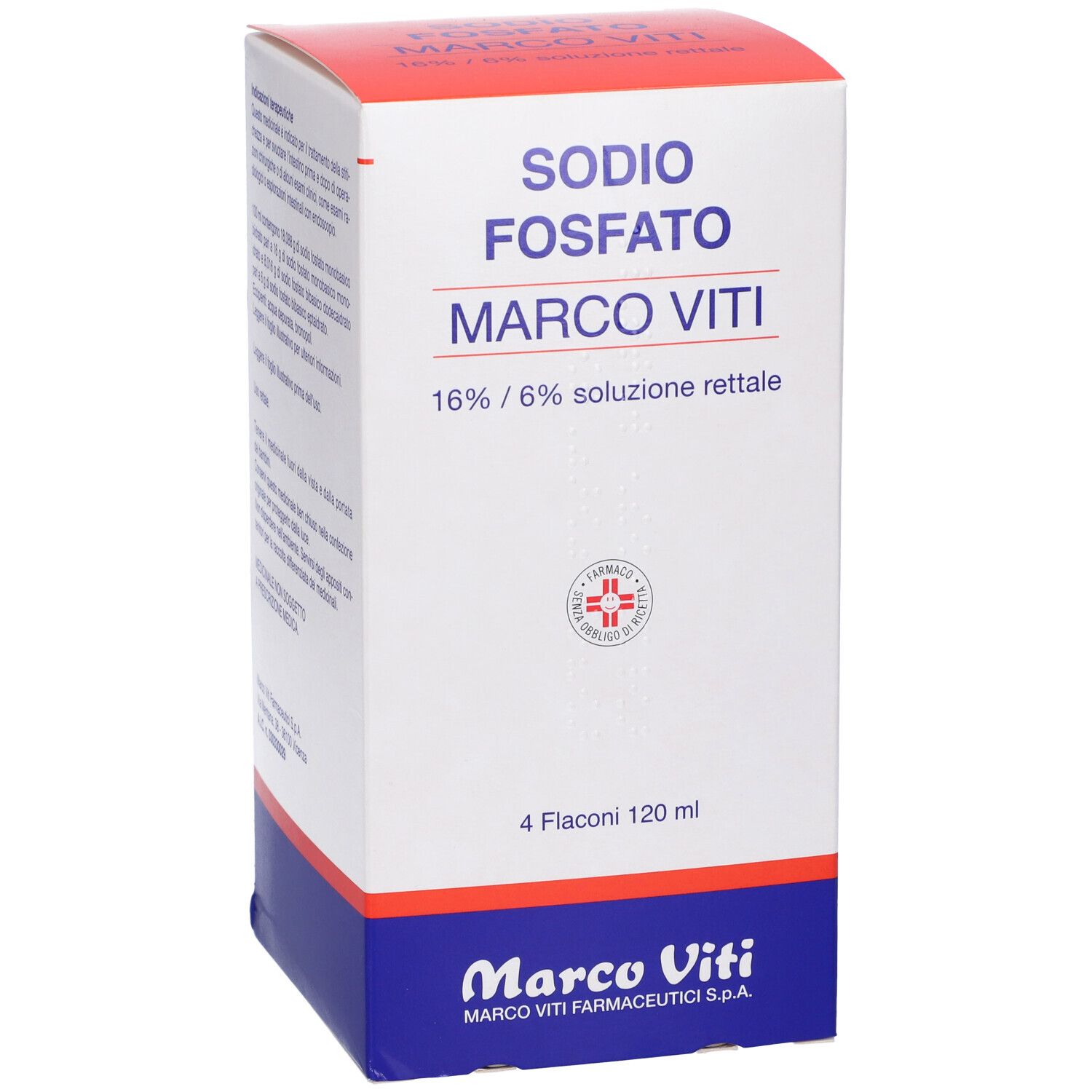 Fronte della confezione. 'Sodio Fosfato Marco Viti 16% / 6% soluzione rettale'. 4 flaconi.