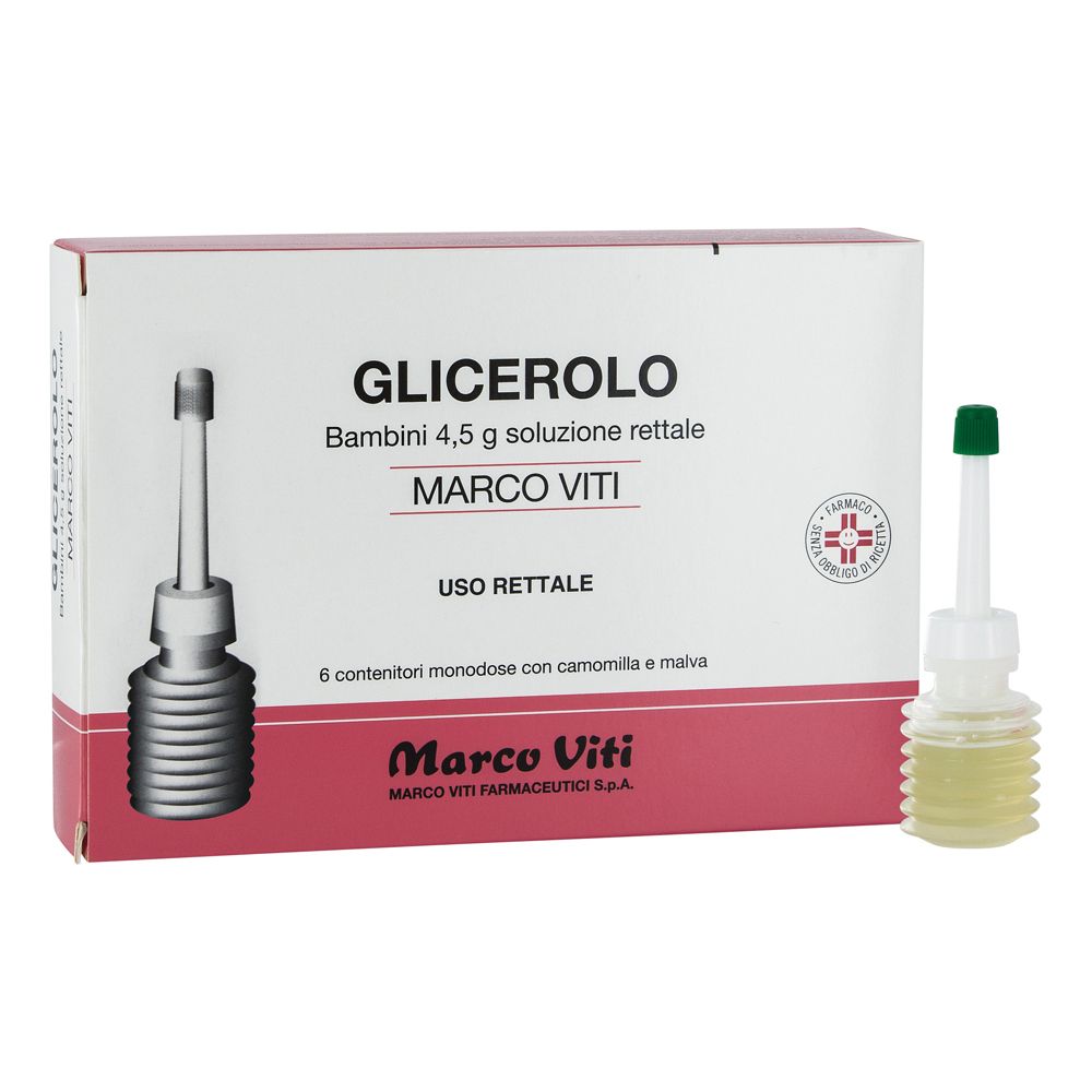Confezione di Glicerolo Marco Viti Bambini. Contiene 6 contenitori monodose. Scritto: Uso rettale.