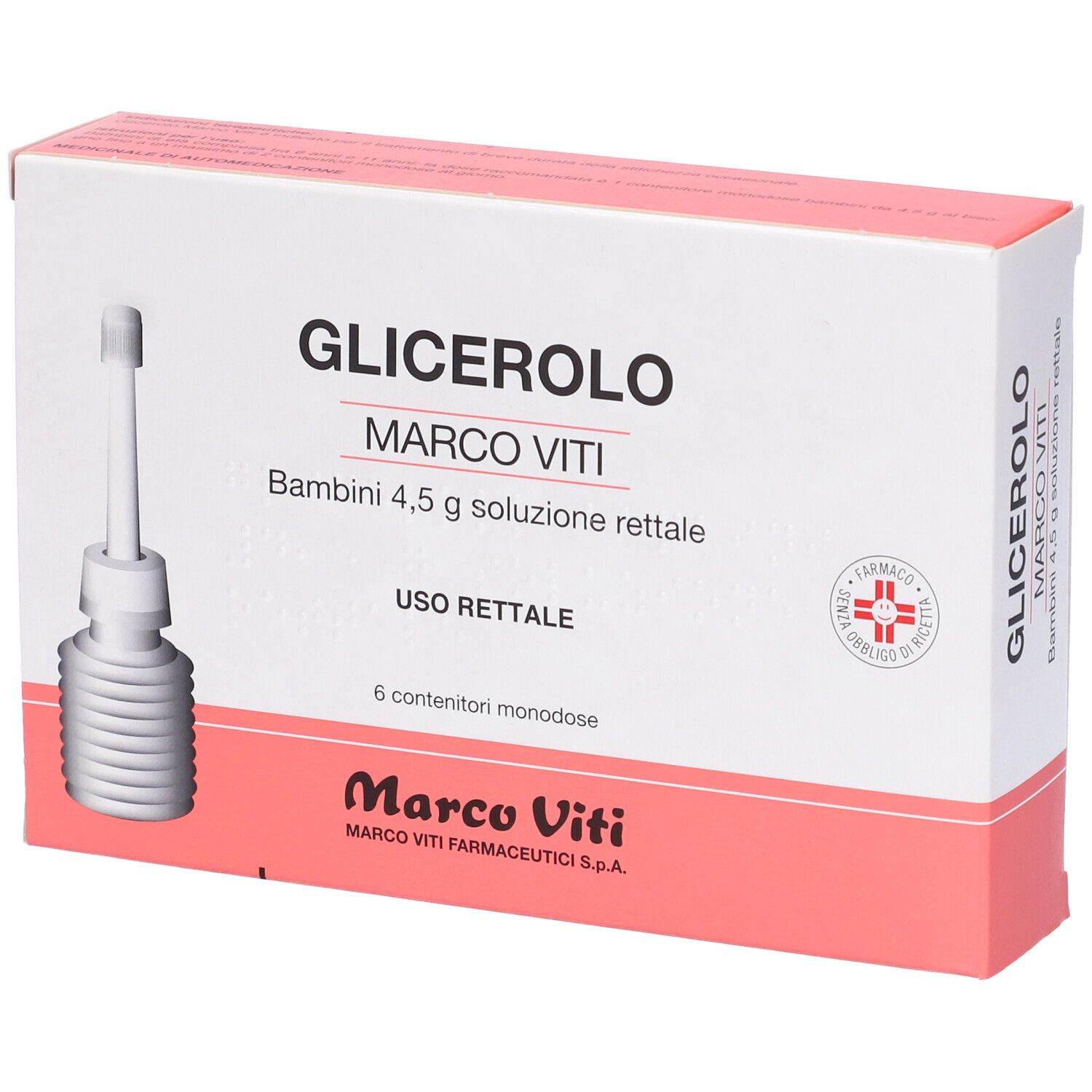 Confezione Glicerolo Marco Viti Bambini. 6 monodose. Scritto: Uso rettale. Confezione del prodotto.