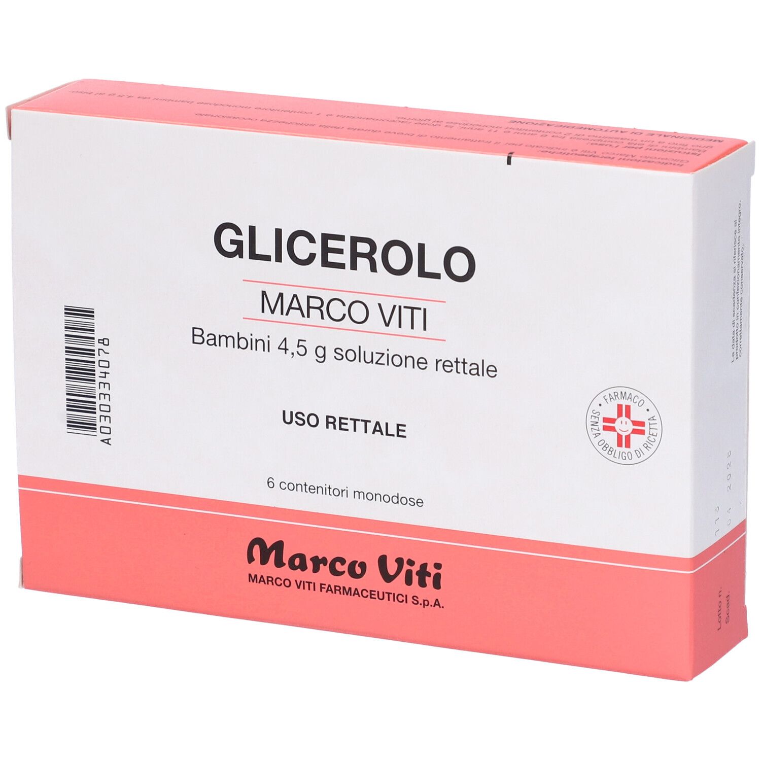 Confezione Glicerolo Marco Viti Bambini. 6 monodose. Scritto: Uso rettale. Confezione del prodotto.