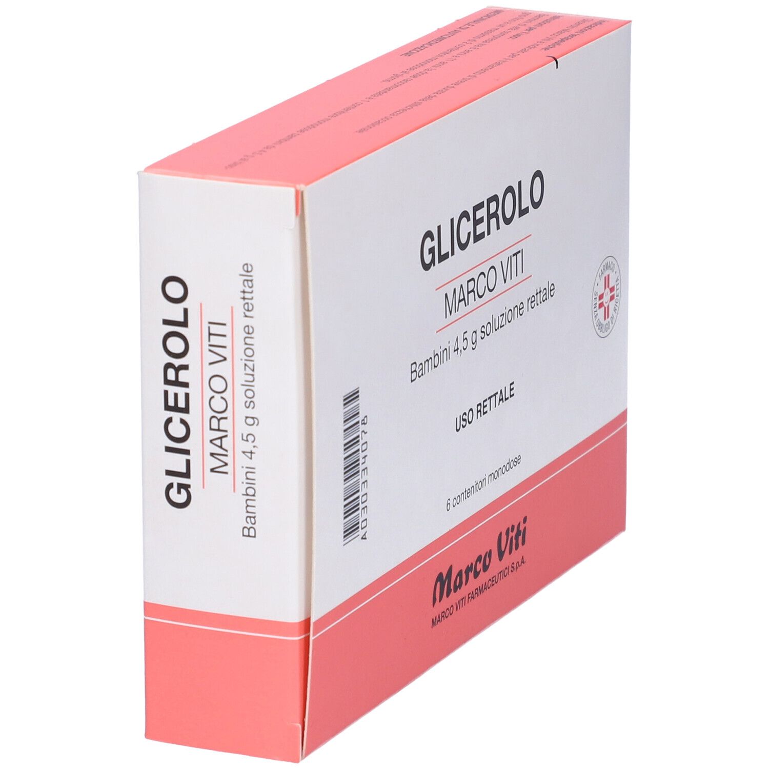 Confezione Glicerolo Marco Viti Bambini. 6 monodose. Scritto: Uso rettale. Confezione del prodotto.